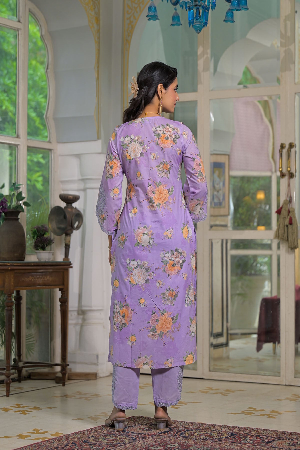 Lavender Multicolor Cotton Straight-Cut Printed Suit
