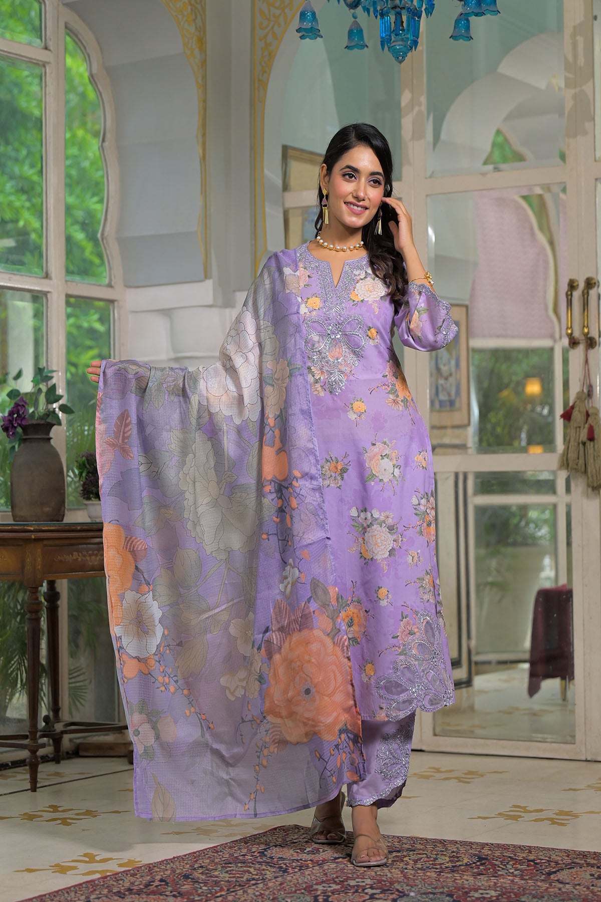 Lavender Multicolor Cotton Straight-Cut Printed Suit