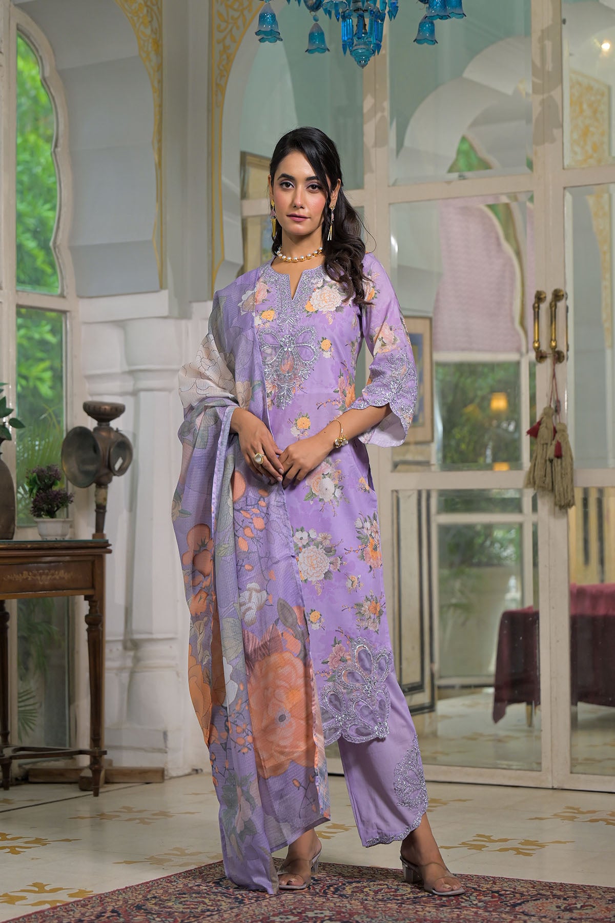 Lavender Multicolor Cotton Straight-Cut Printed Suit