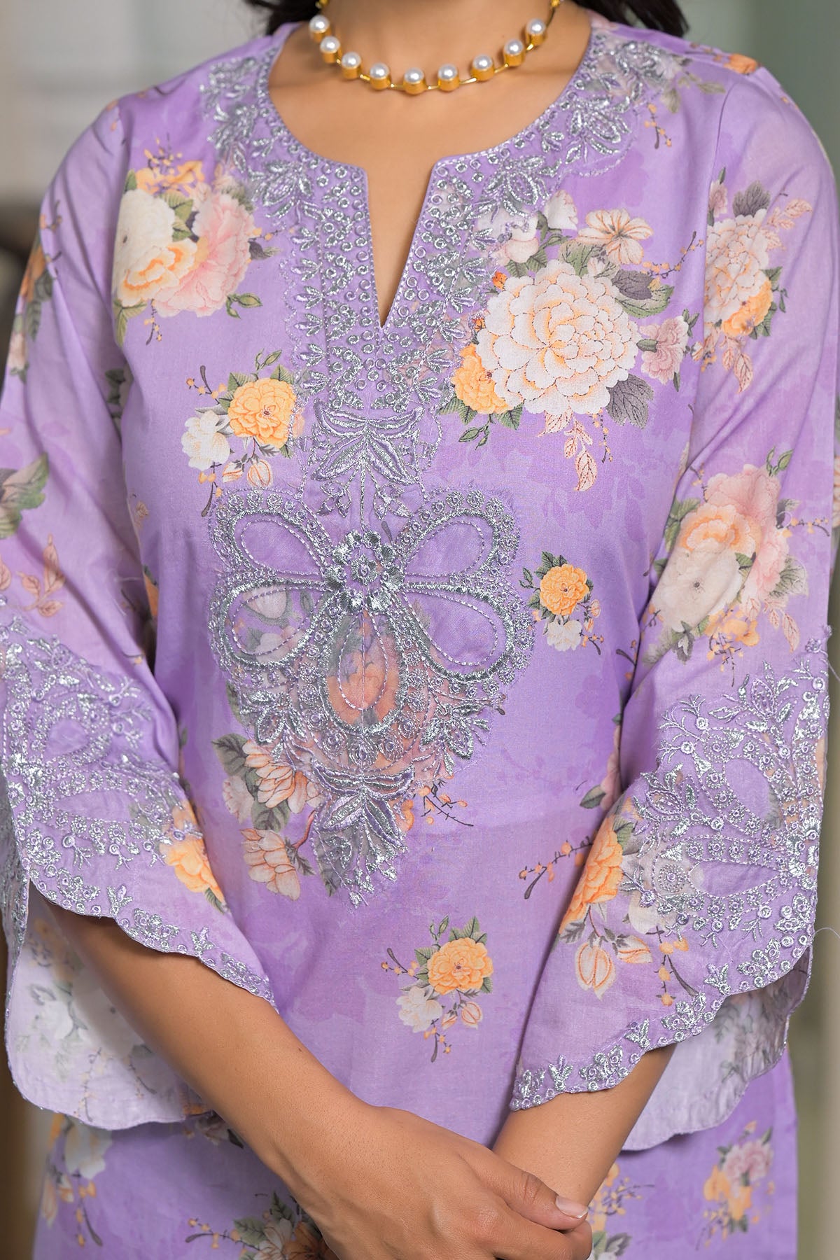 Lavender Multicolor Cotton Straight-Cut Printed Suit