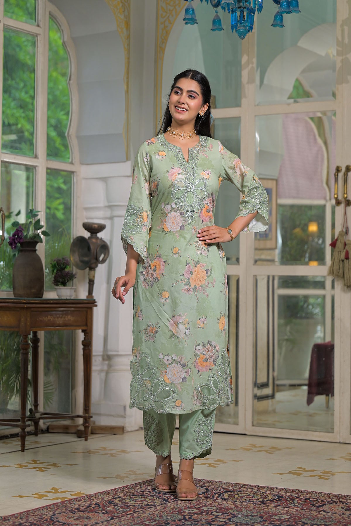 Green Multicolor Cotton Straight-Cut Printed Suit