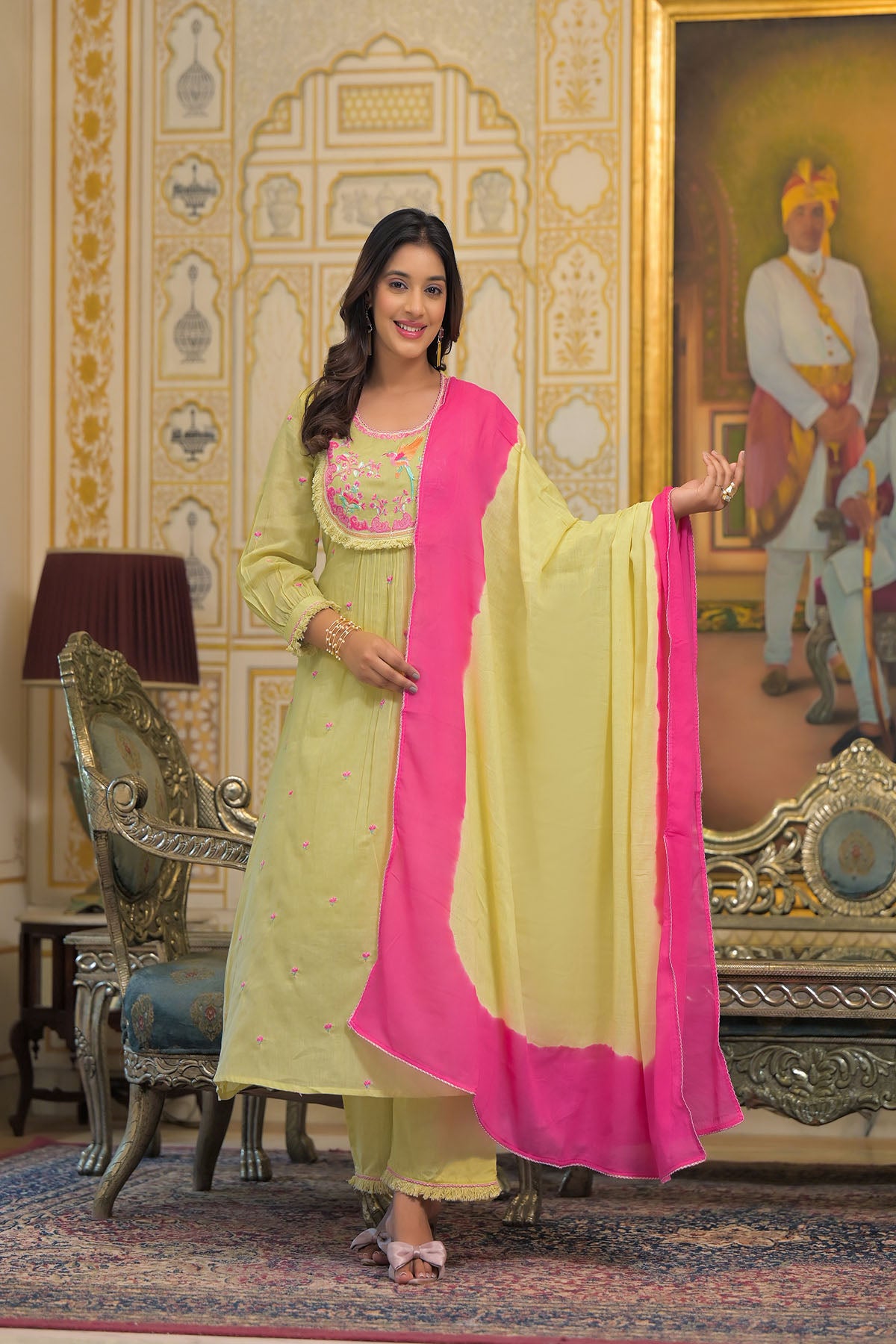 Mustard Yellow Cotton Embroidered Anarkali Suit