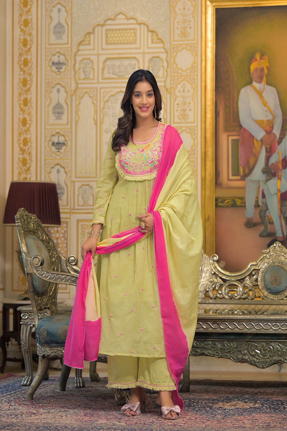 Mustard Yellow Cotton Embroidered Anarkali Suit