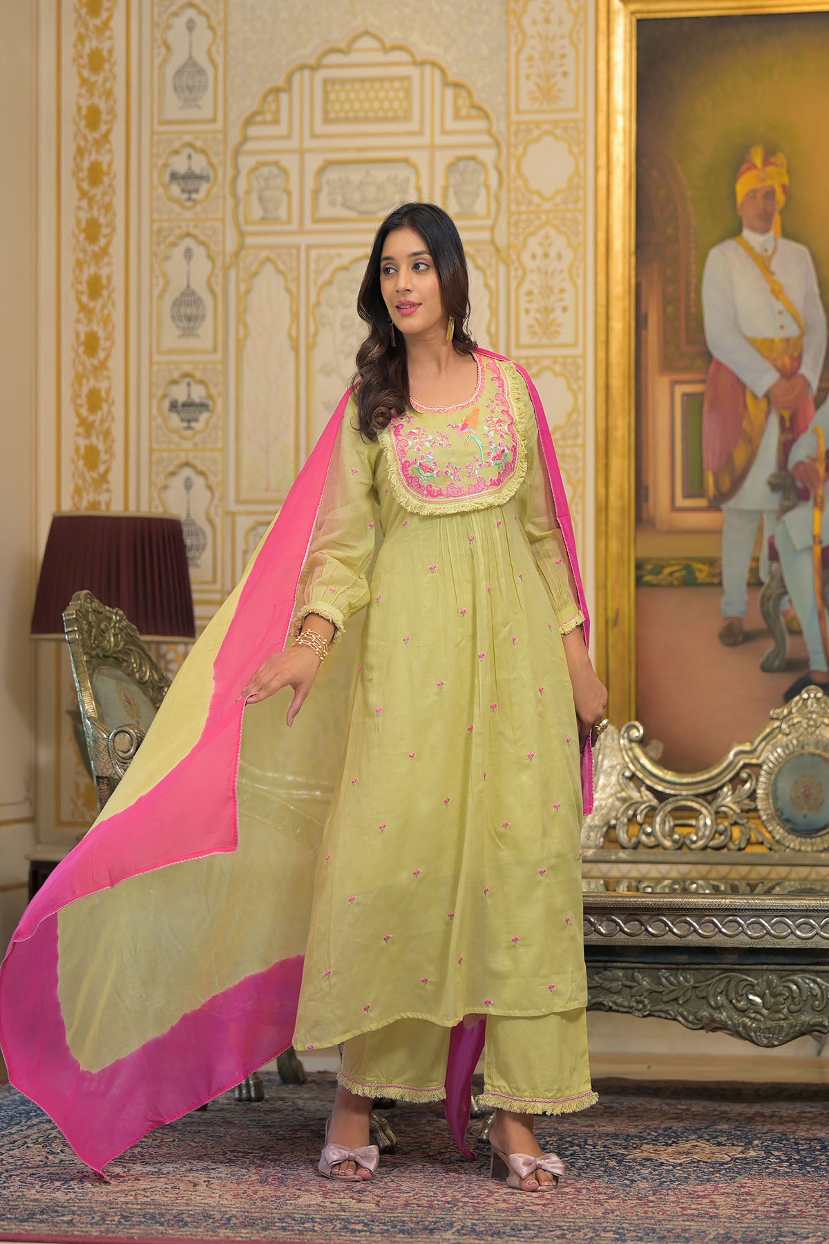 Mustard Yellow Cotton Embroidered Anarkali Suit