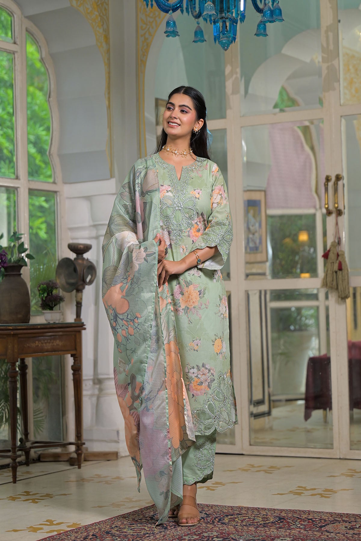 Green Multicolor Cotton Straight-Cut Printed Suit