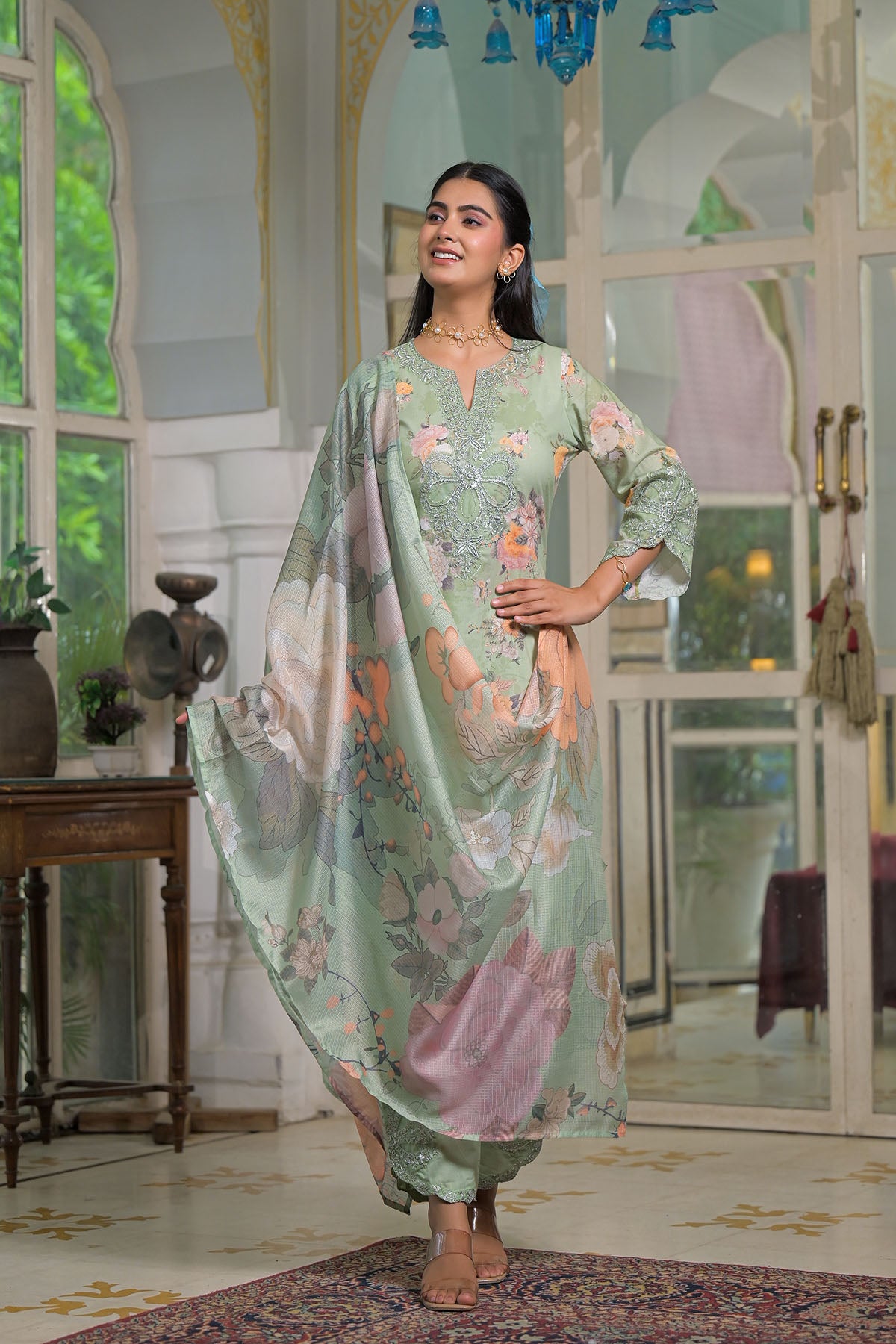 Green Multicolor Cotton Straight-Cut Printed Suit