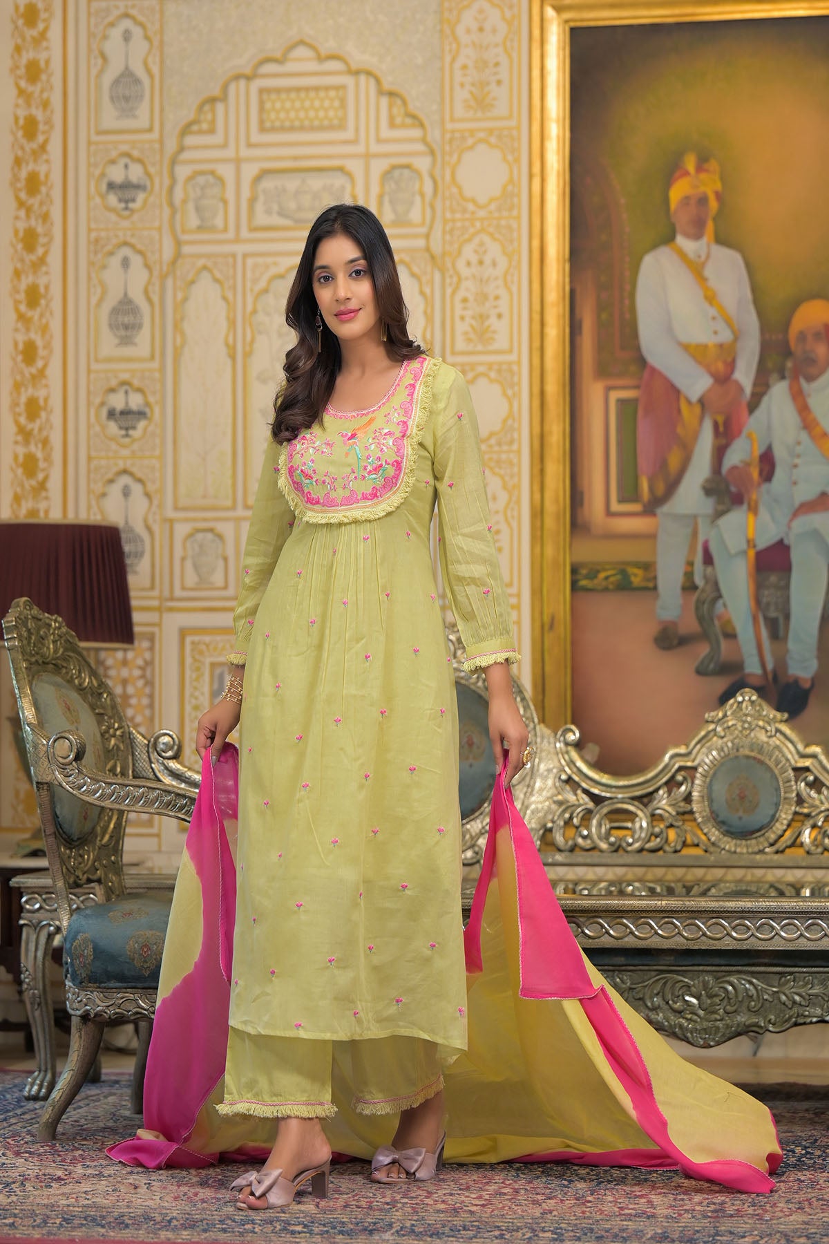 Mustard Yellow Cotton Embroidered Anarkali Suit