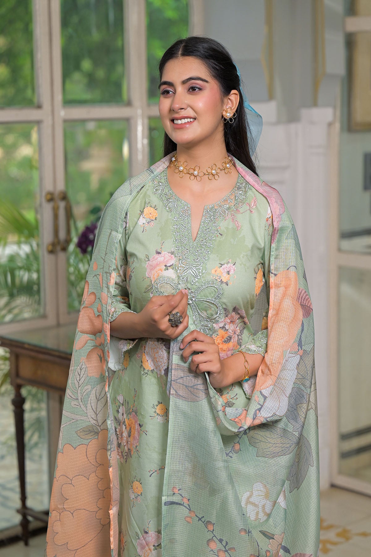 Green Multicolor Cotton Straight-Cut Printed Suit