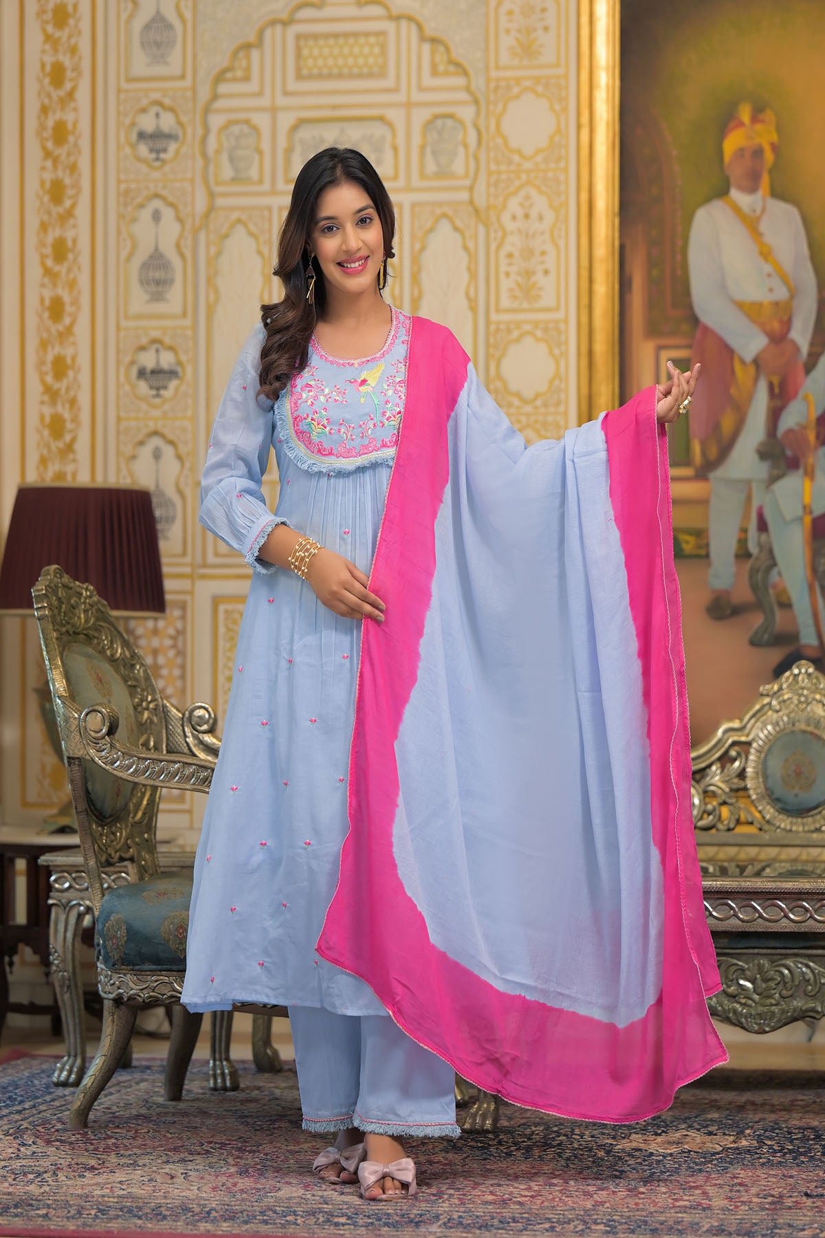 Blue Cotton Embroidered Anarkali Suit