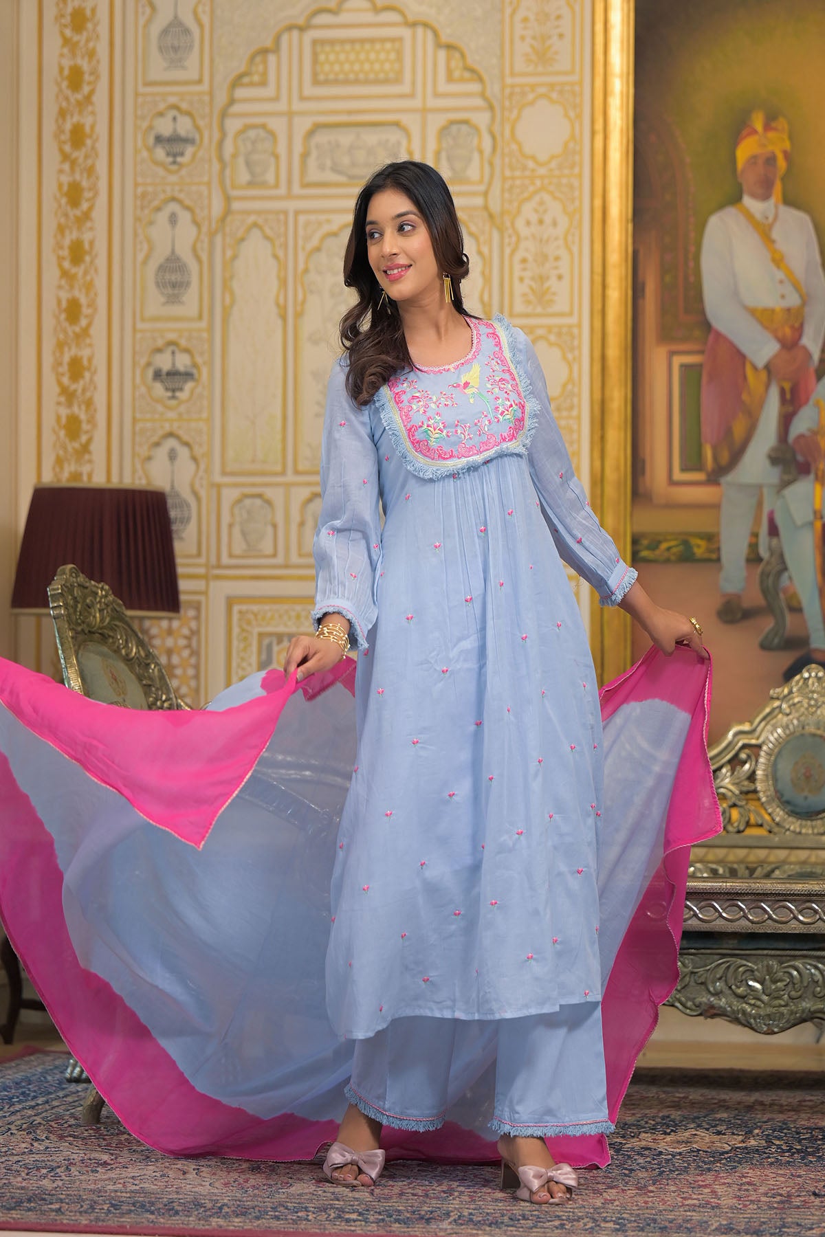 Blue Cotton Embroidered Anarkali Suit