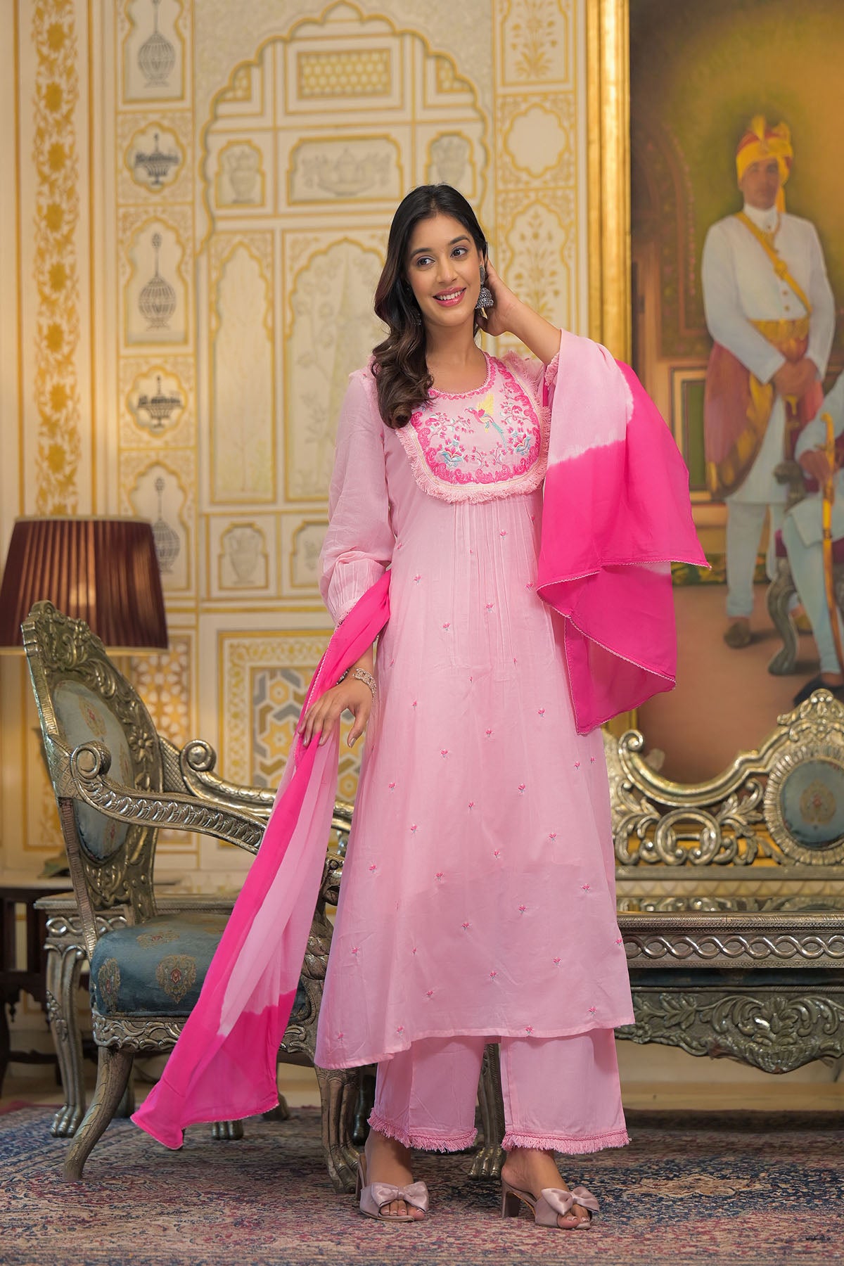 Pink Cotton Embroidered Anarkali Suit