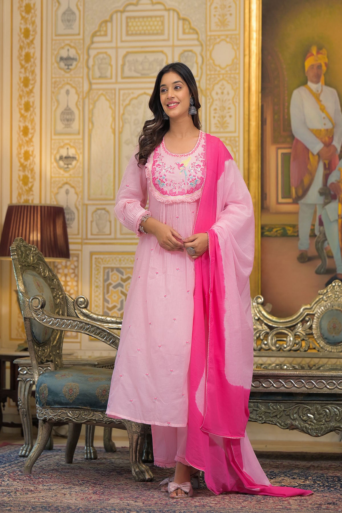 Pink Cotton Embroidered Anarkali Suit