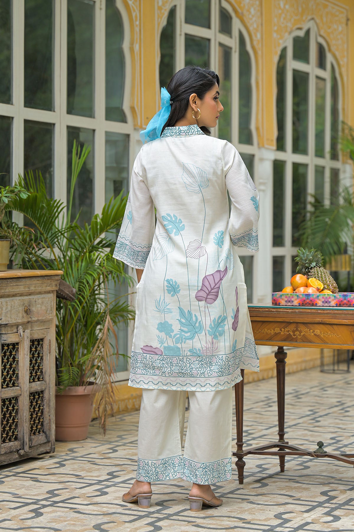 Cream & Sky Blue Linen Printed Co-Ord Set