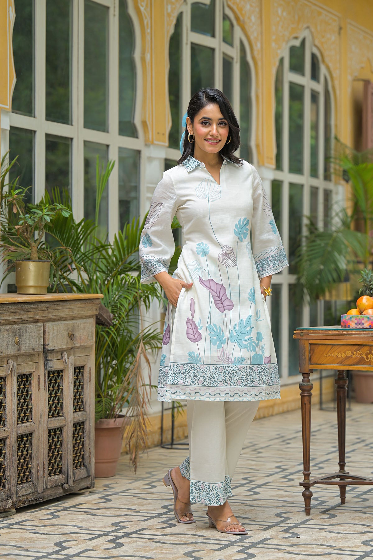 Cream & Sky Blue Linen Printed Co-Ord Set