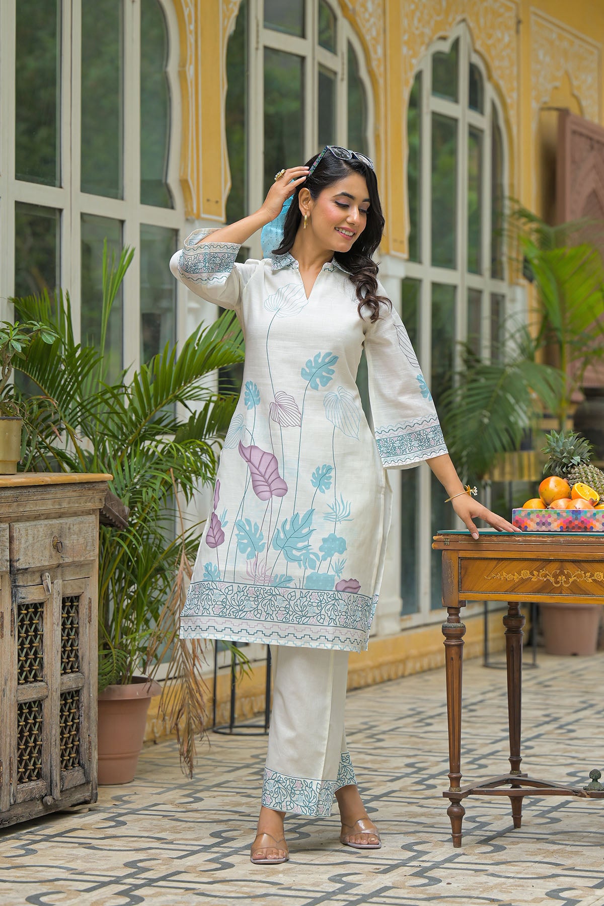 Cream & Sky Blue Linen Printed Co-Ord Set