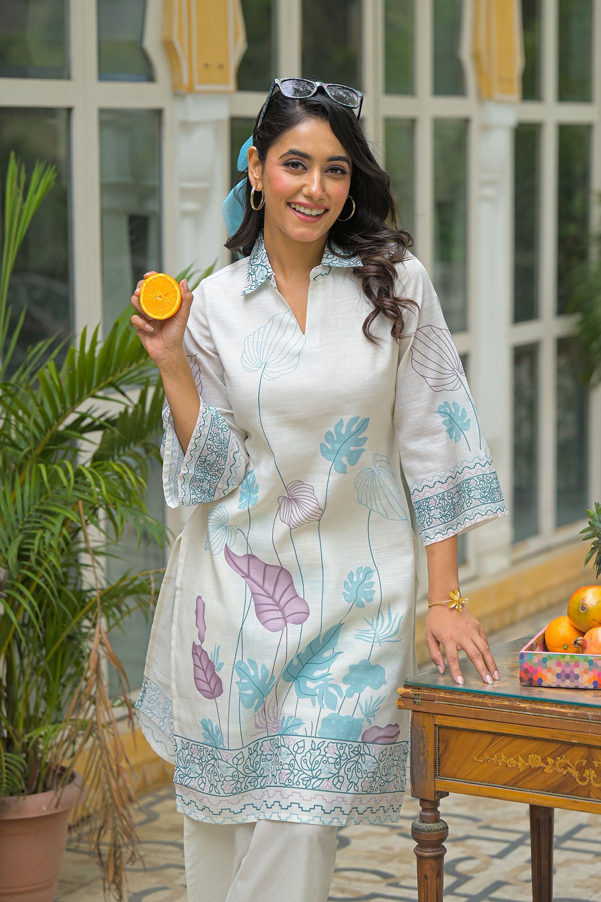 Cream & Sky Blue Linen Printed Co-Ord Set