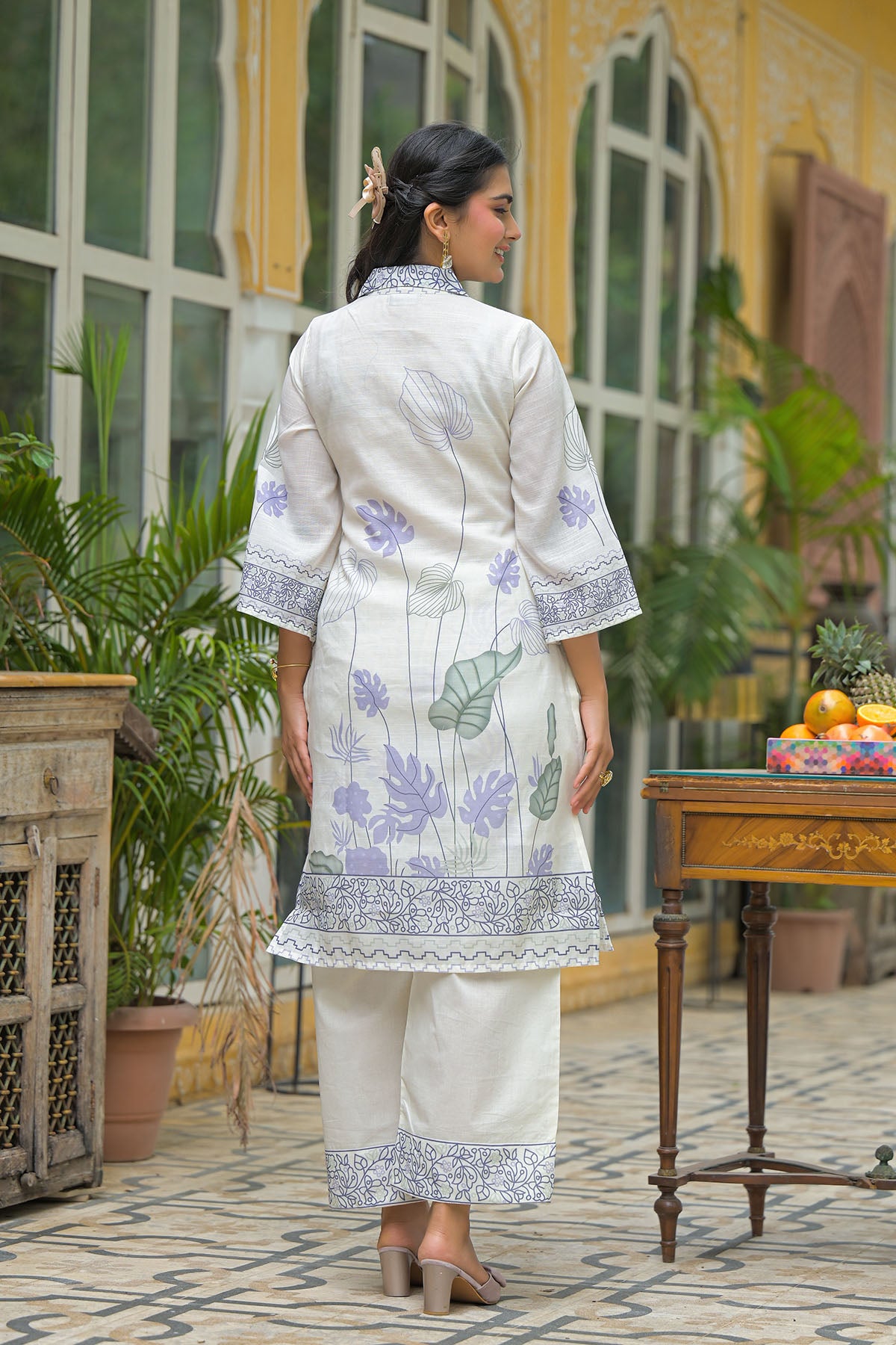 Cream & Purple Linen Printed Co-Ord Set