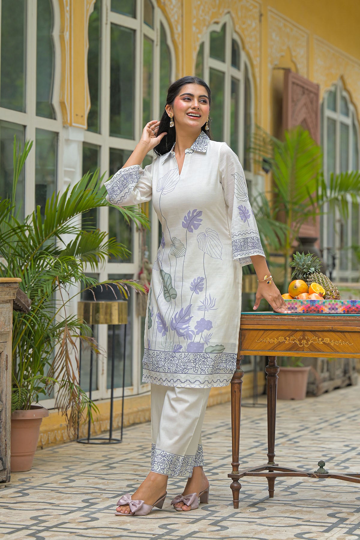 Cream & Purple Linen Printed Co-Ord Set