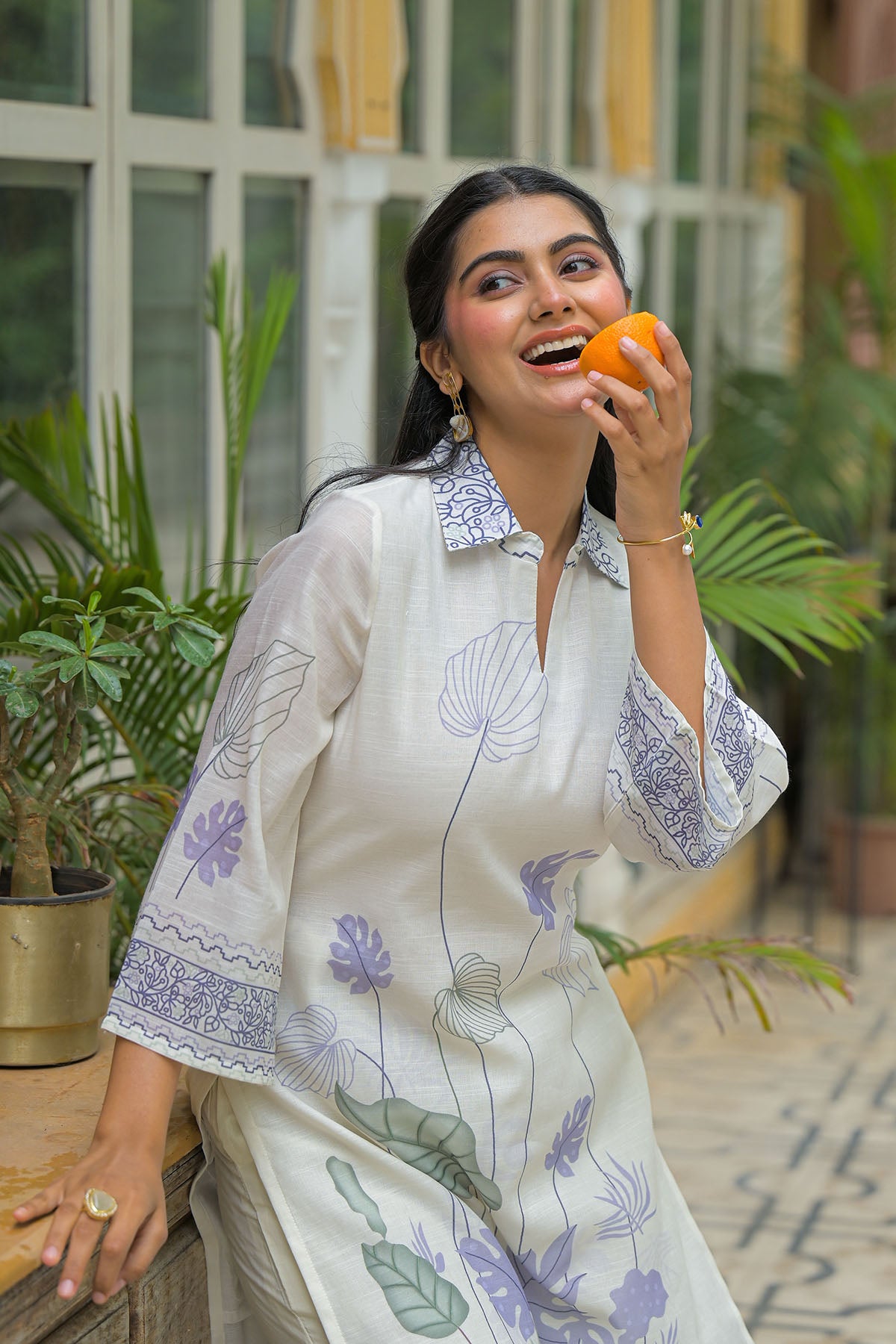 Cream & Purple Linen Printed Co-Ord Set