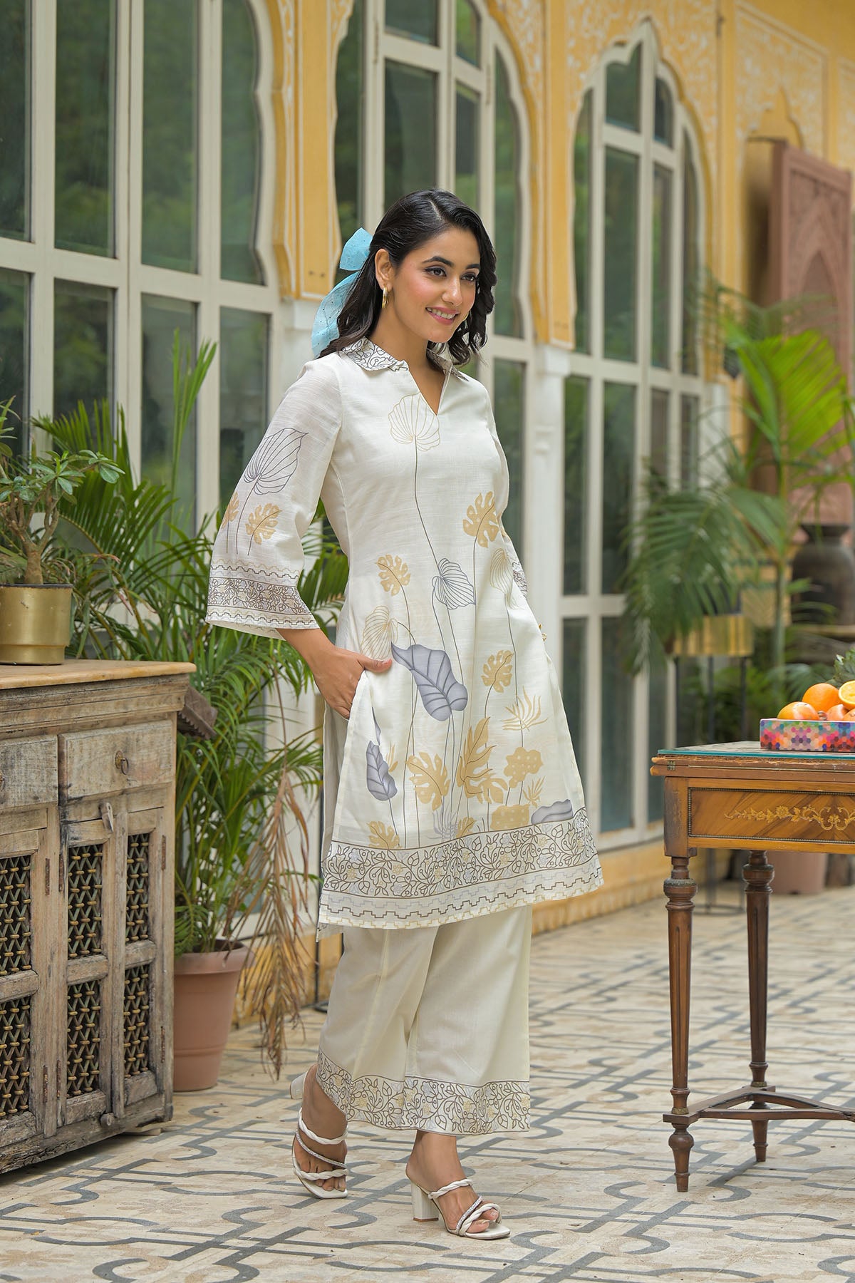 Cream & Mustard Linen Printed Co-Ord Set