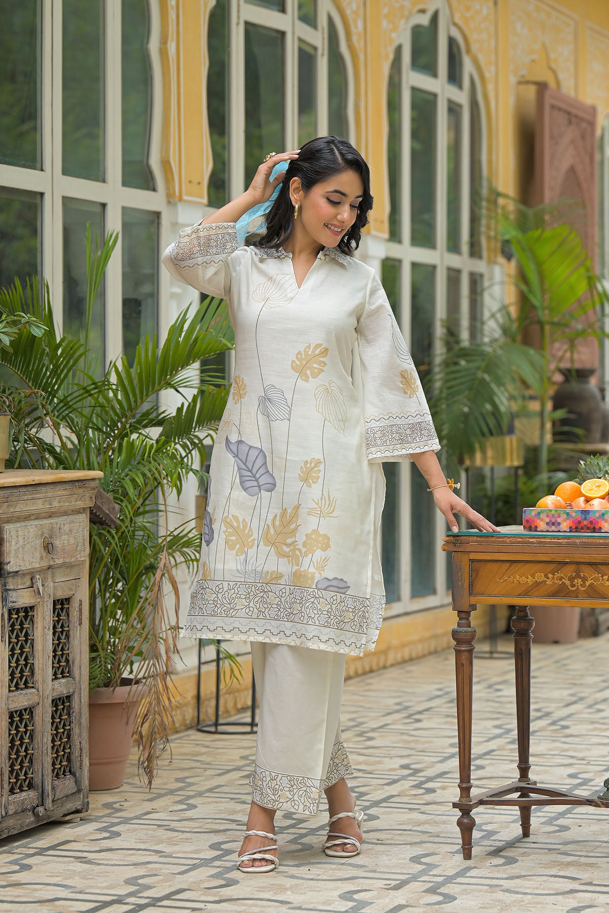 Cream & Mustard Linen Printed Co-Ord Set