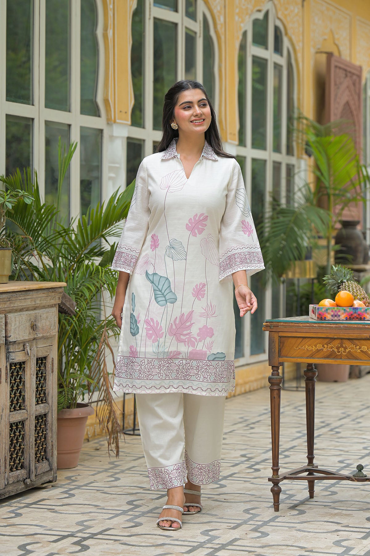 Cream & Pink Linen Printed Co-Ord Set