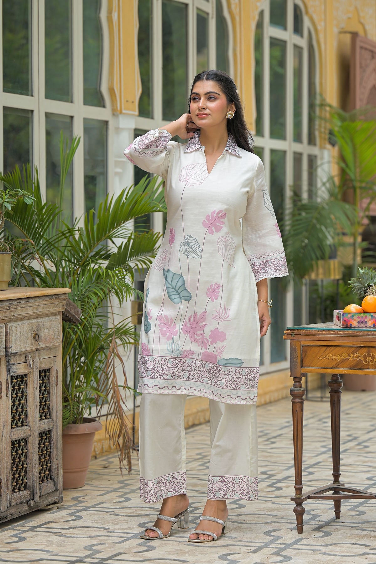 Cream & Pink Linen Printed Co-Ord Set