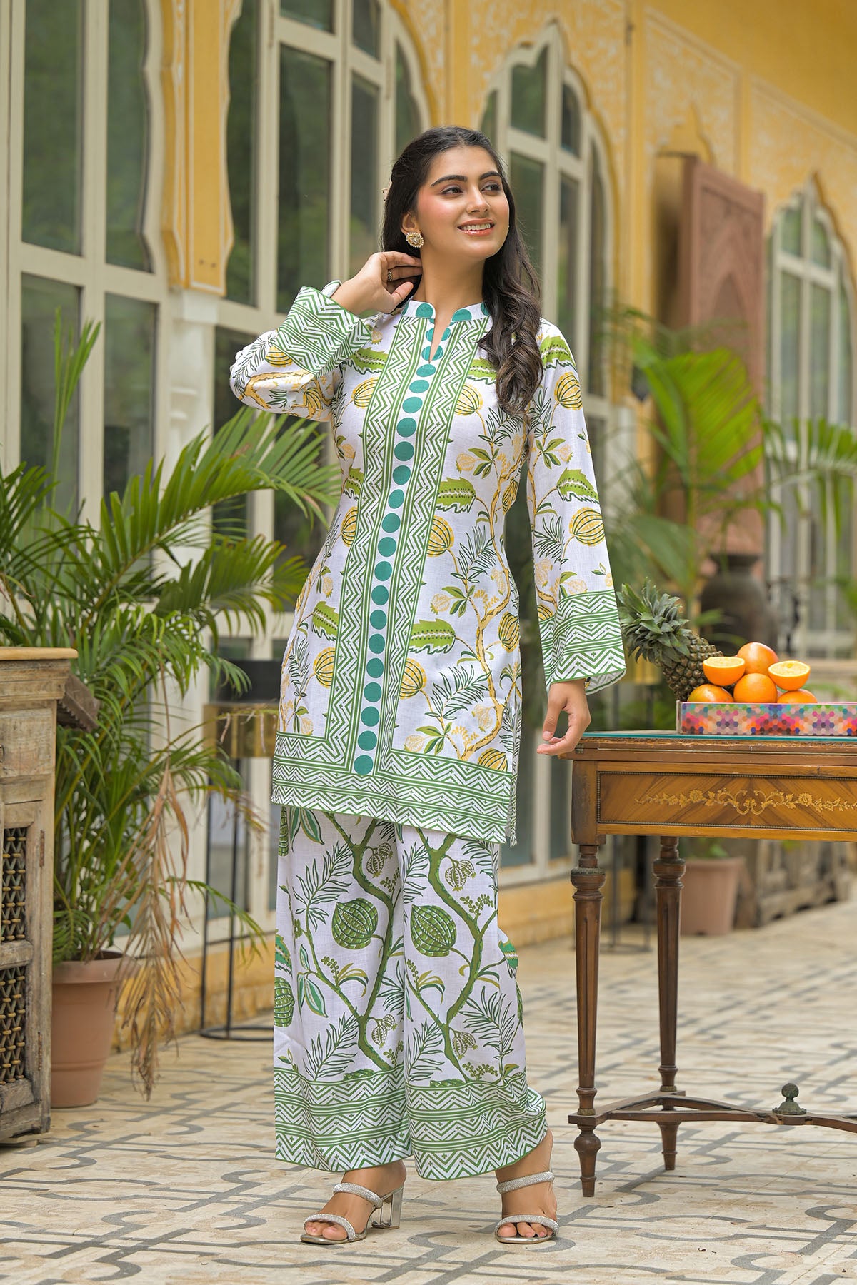 Green White Linen Printed Co-Ord Set