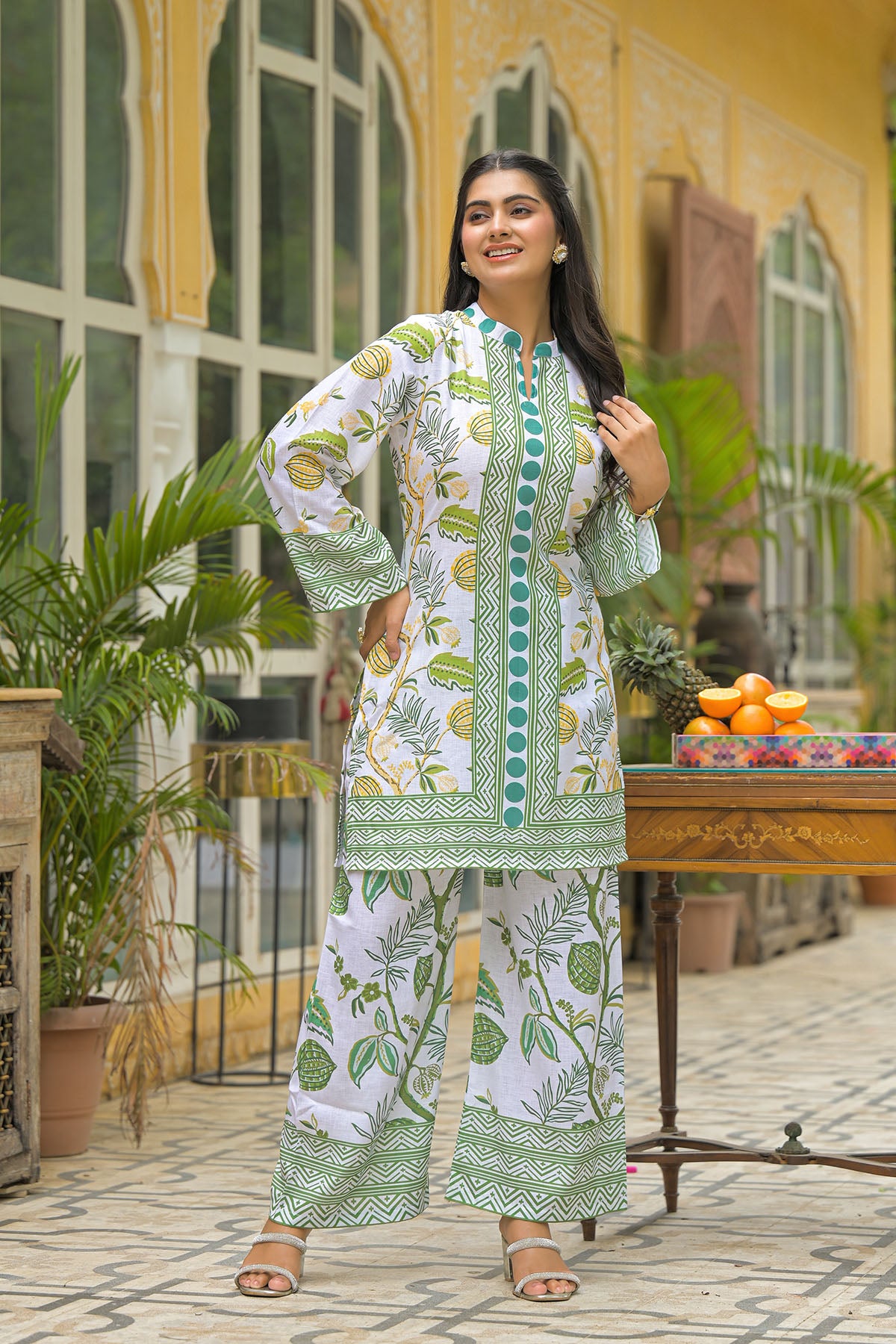 Green White Linen Printed Co-Ord Set