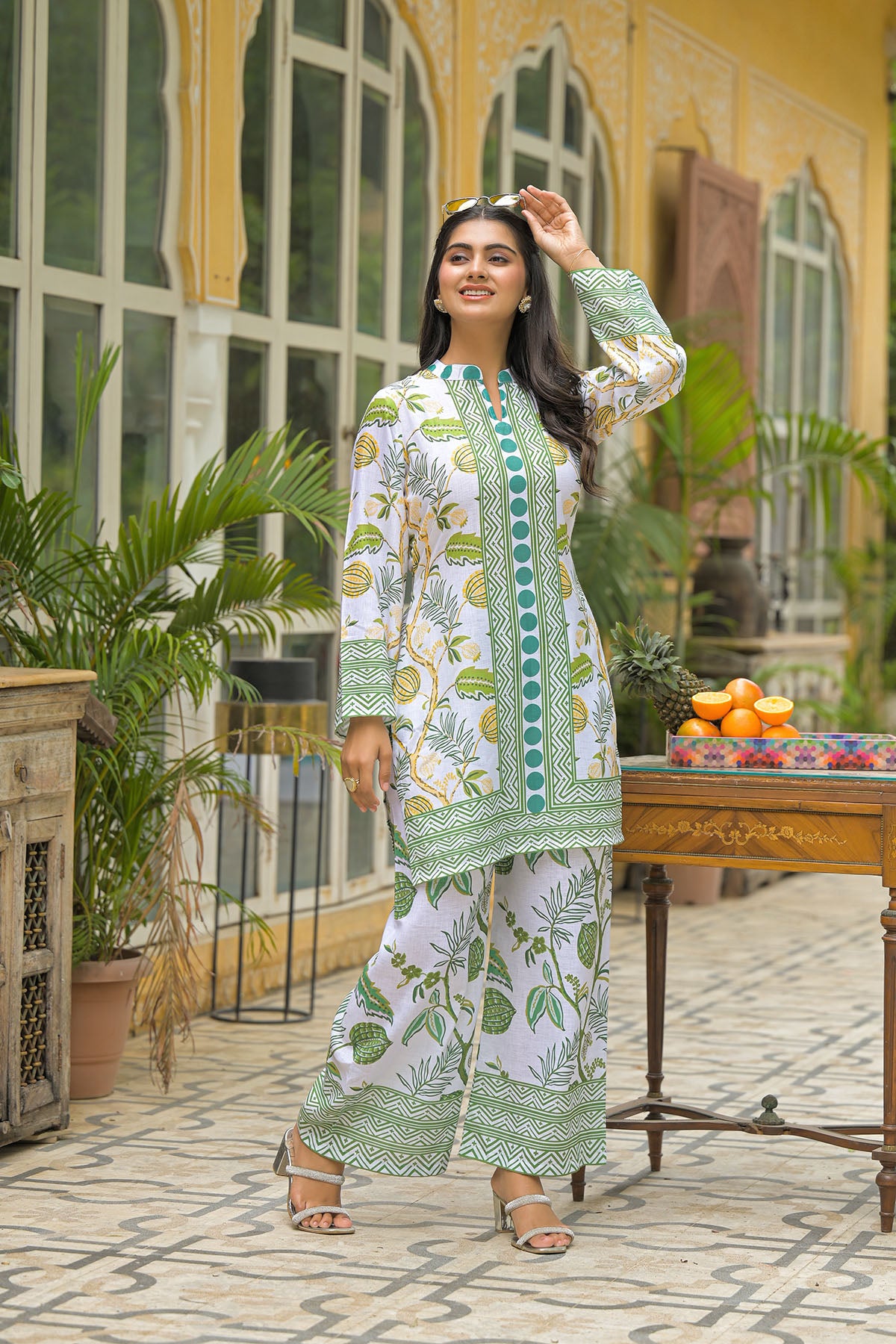 Green White Linen Printed Co-Ord Set