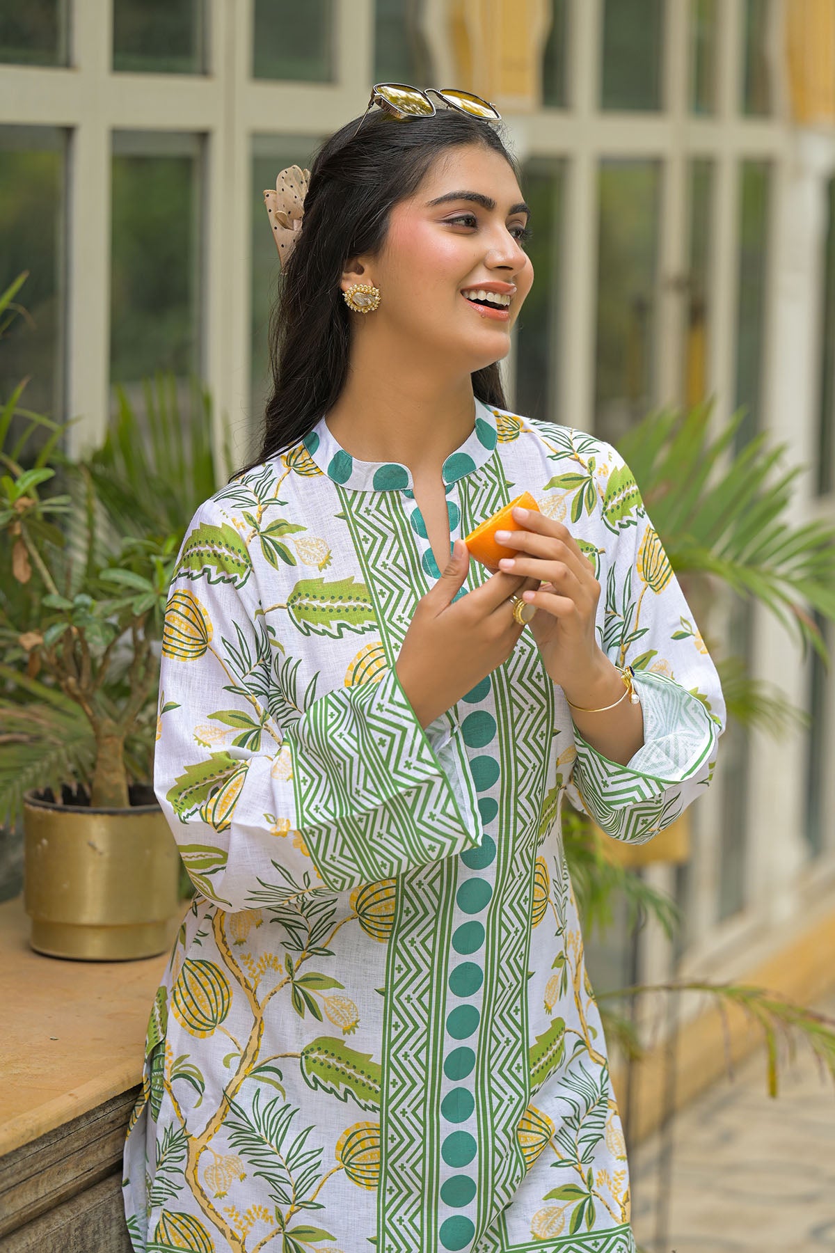 Green White Linen Printed Co-Ord Set