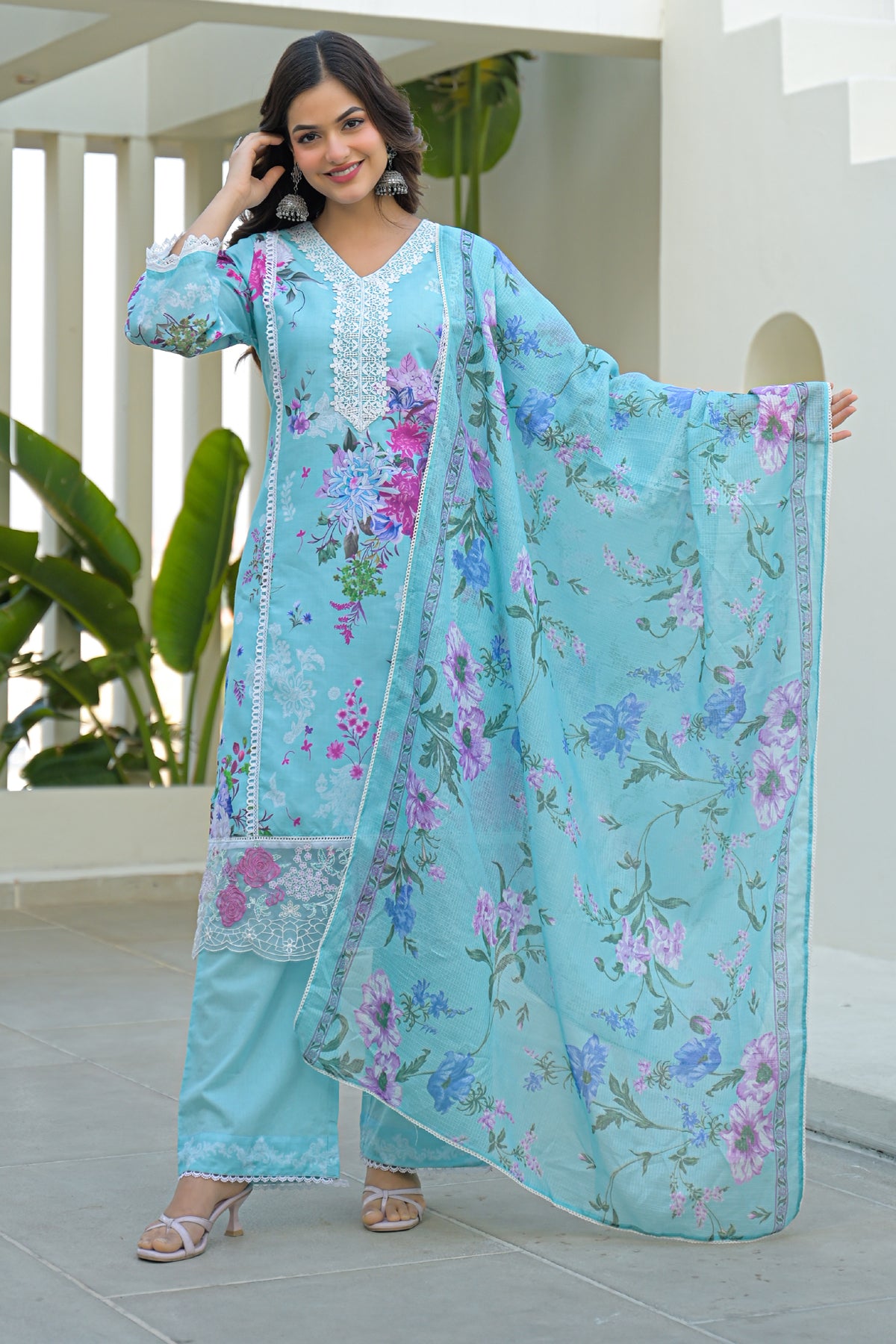 Sky Blue Cotton Embroidered Suit Set With Dupatta