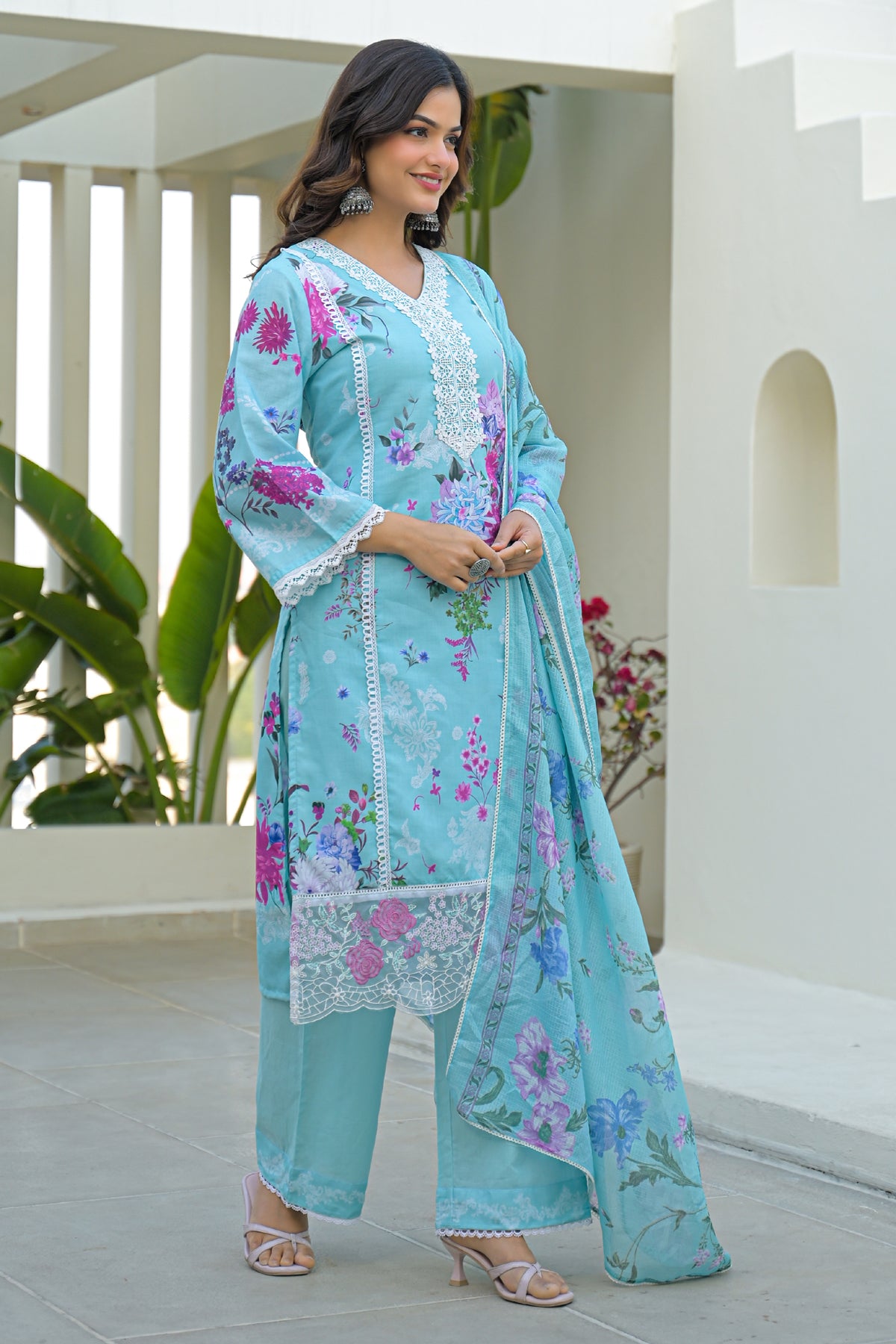 Sky Blue Cotton Embroidered Suit Set With Dupatta