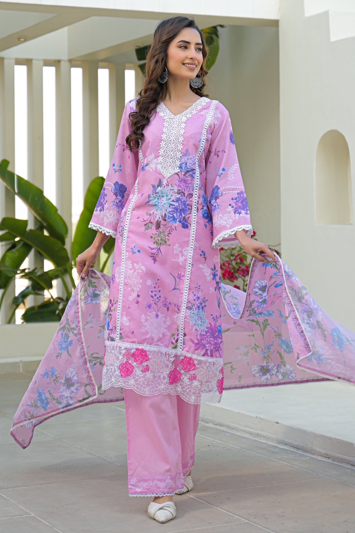 Pink Cotton Embroidered Suit Set