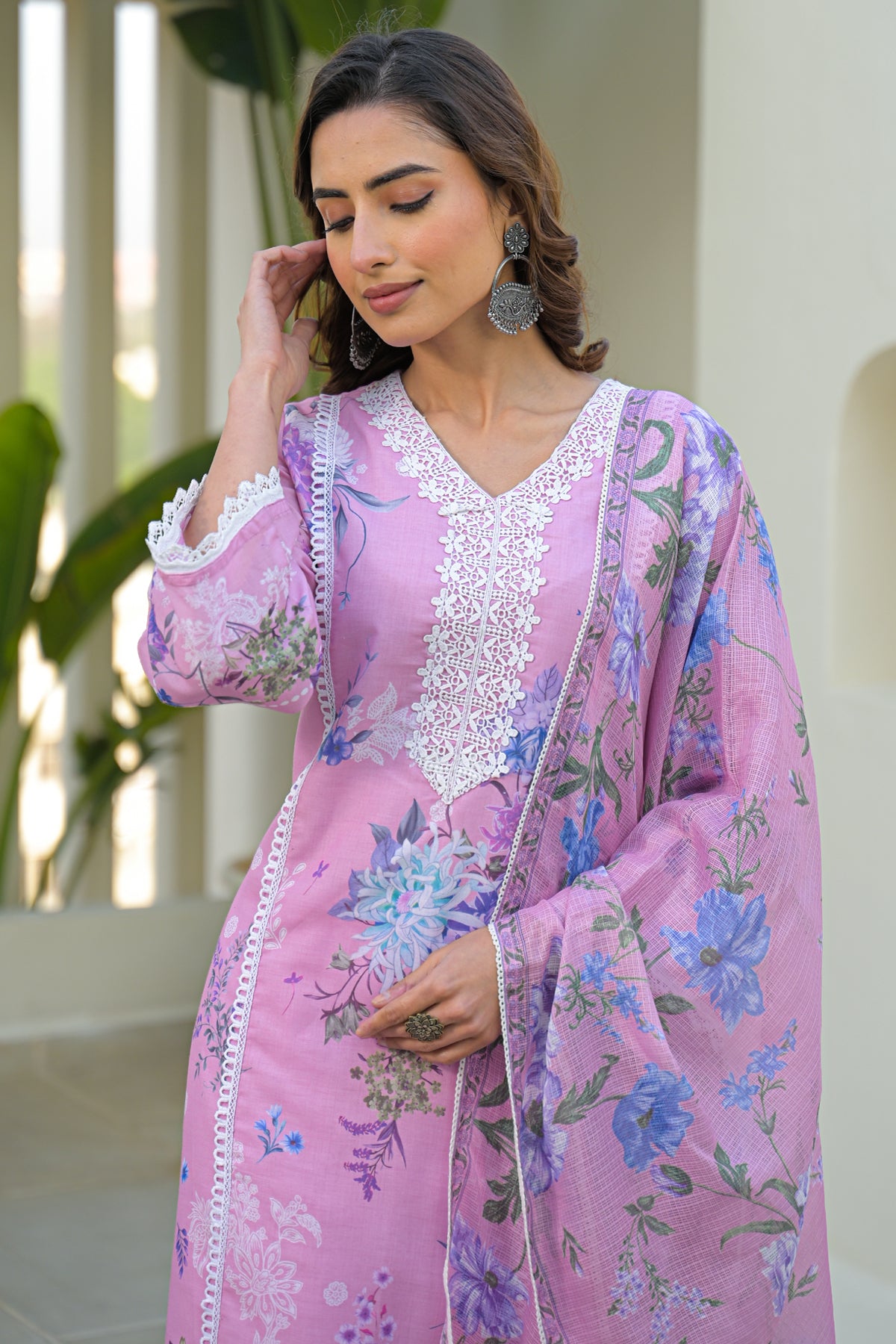 Pink Cotton Embroidered Suit Set