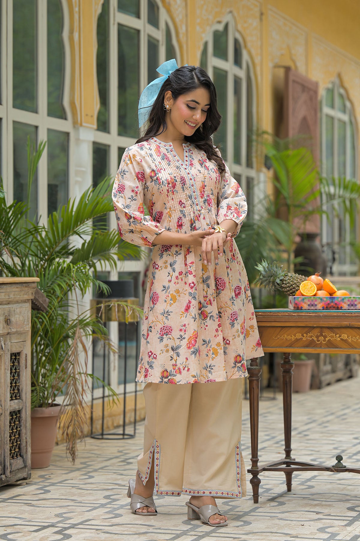 Beige Floral Cotton Co-Ord Set