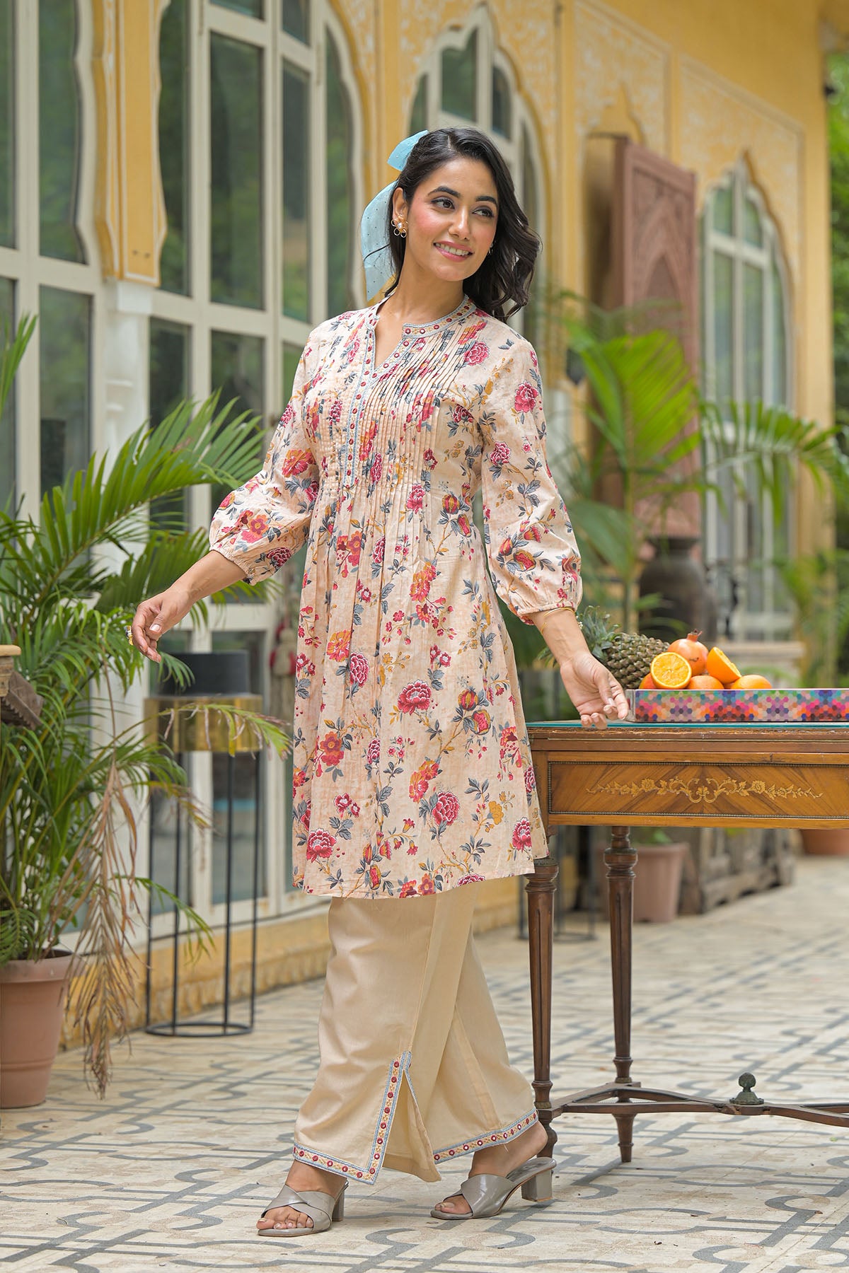 Beige Floral Cotton Co-Ord Set