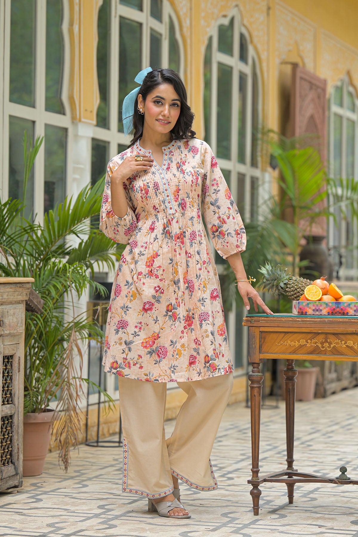 Beige Floral Cotton Co-Ord Set