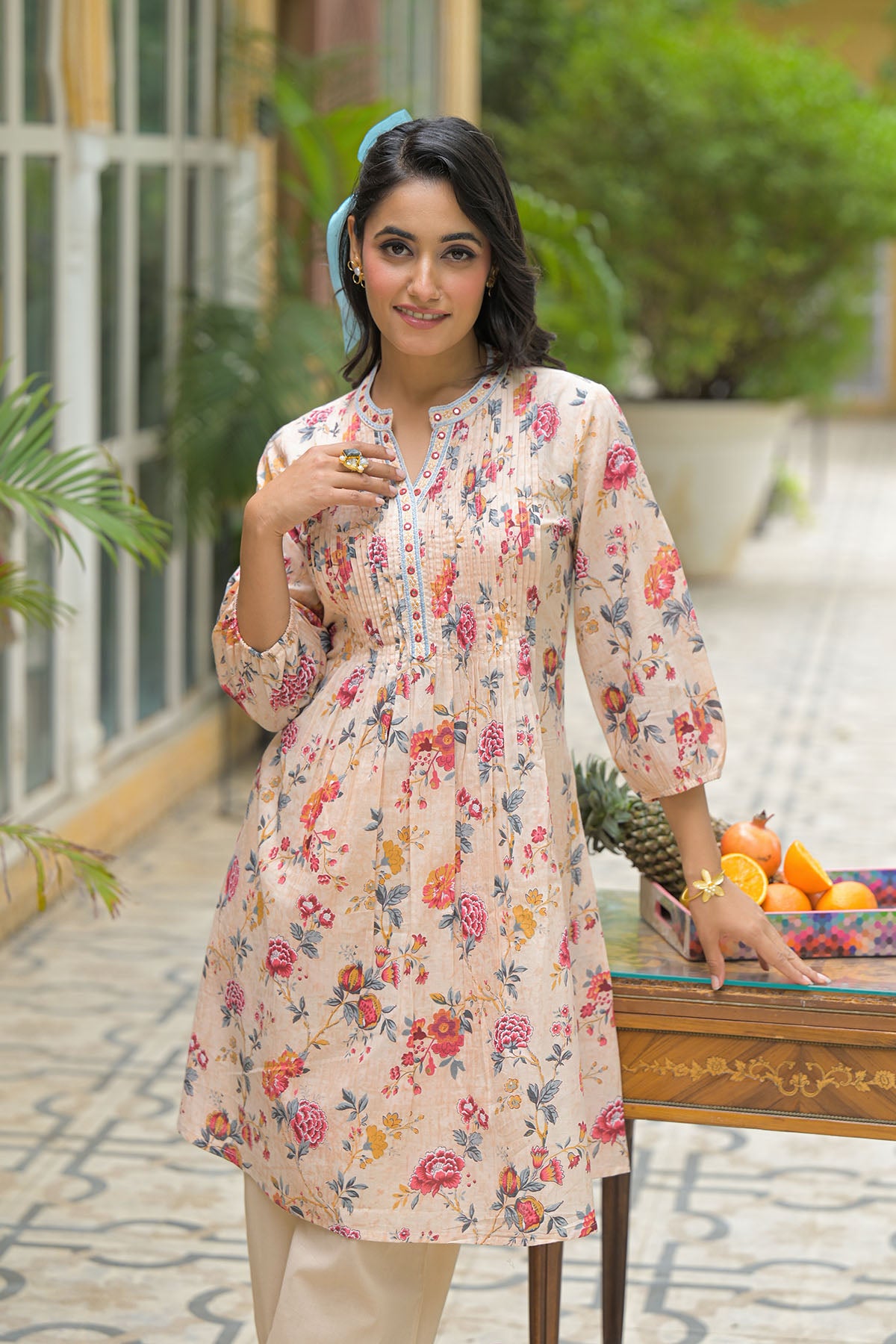 Beige Floral Cotton Co-Ord Set