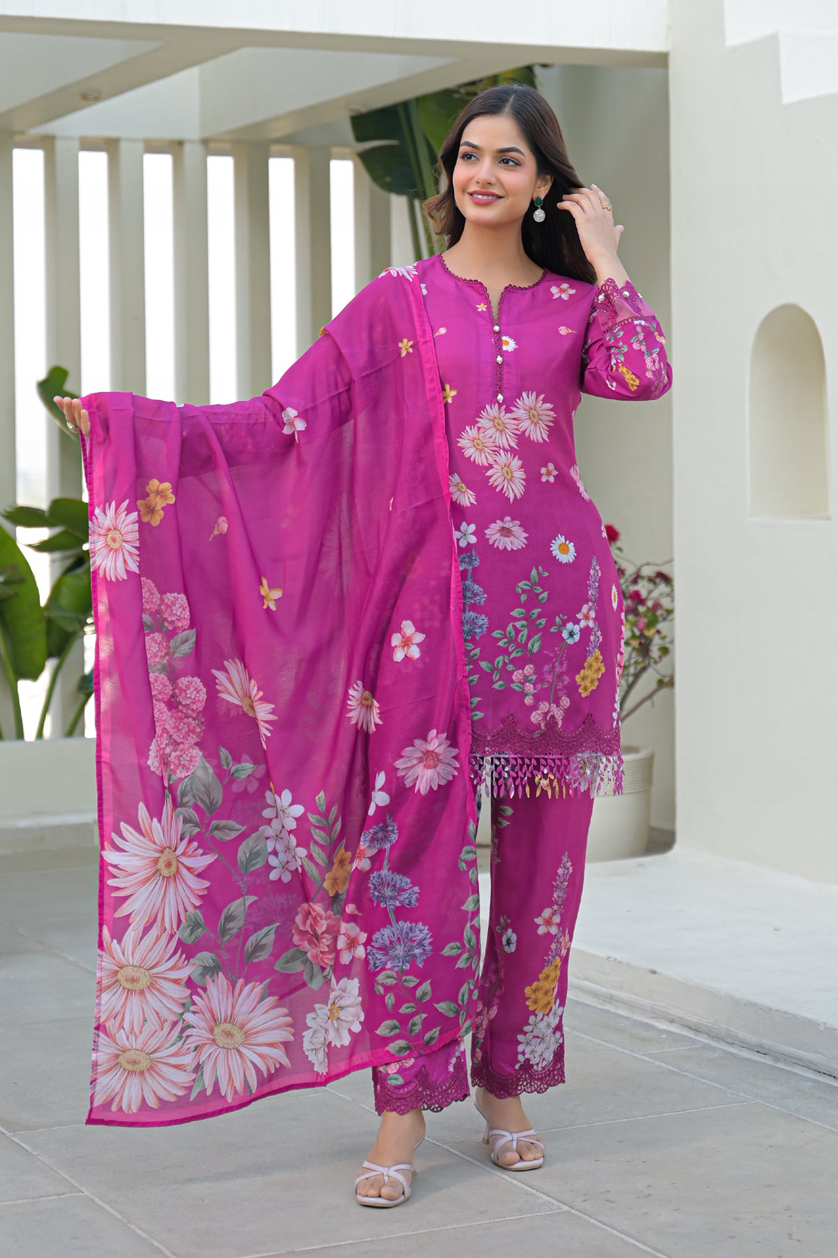 Magenta Cotton Embroidered Suit Set