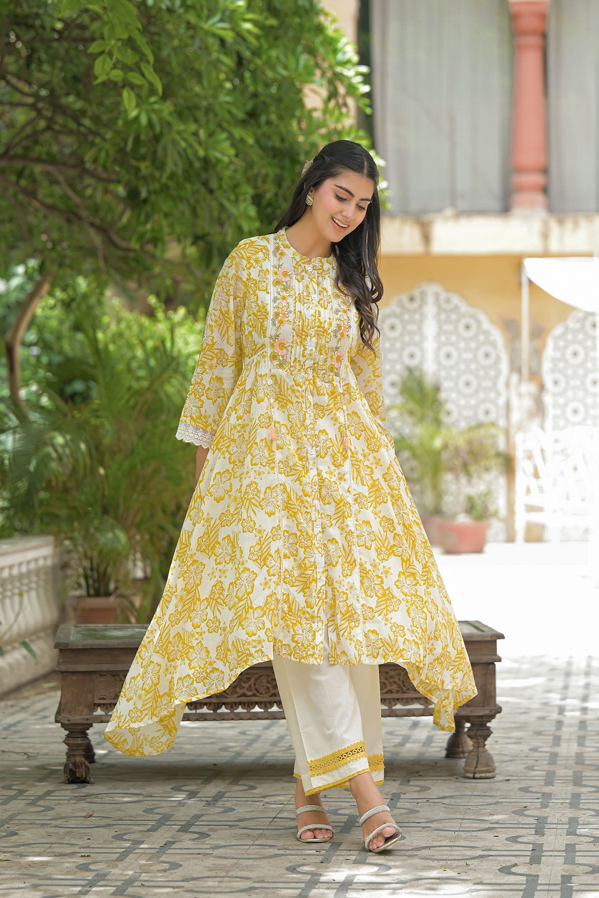 Yellow Floral Cotton Embroidered A-Line Suit