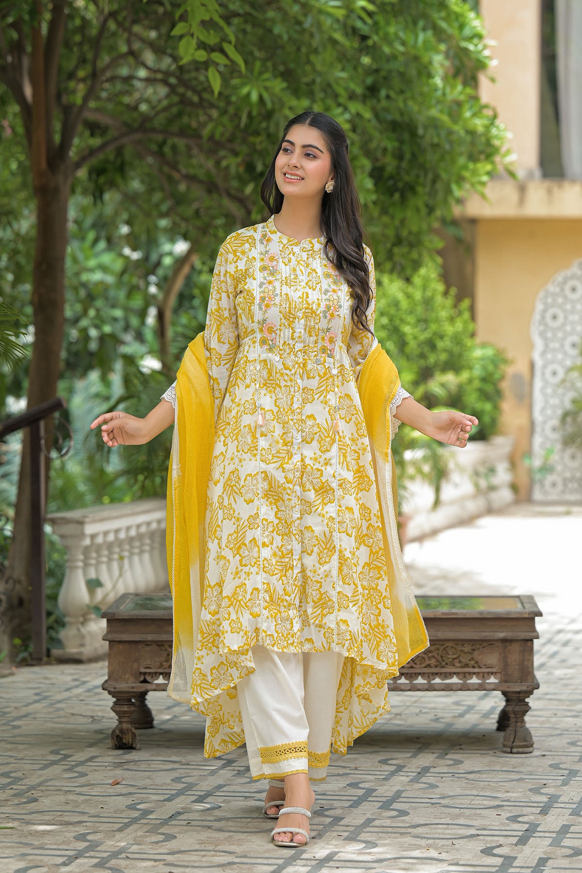 Yellow Floral Cotton Embroidered A-Line Suit
