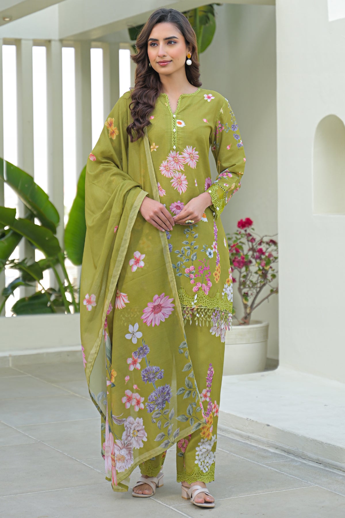 Green Cotton Embroidered Suit Set