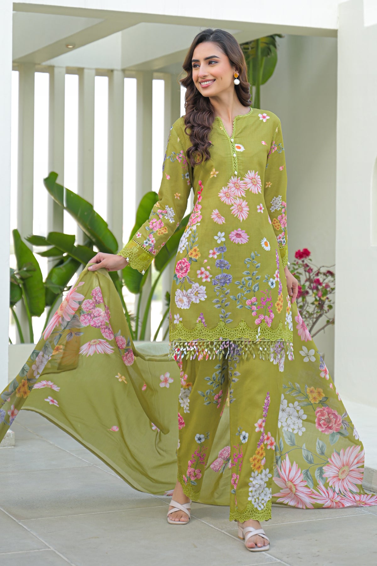 Green Cotton Embroidered Suit Set
