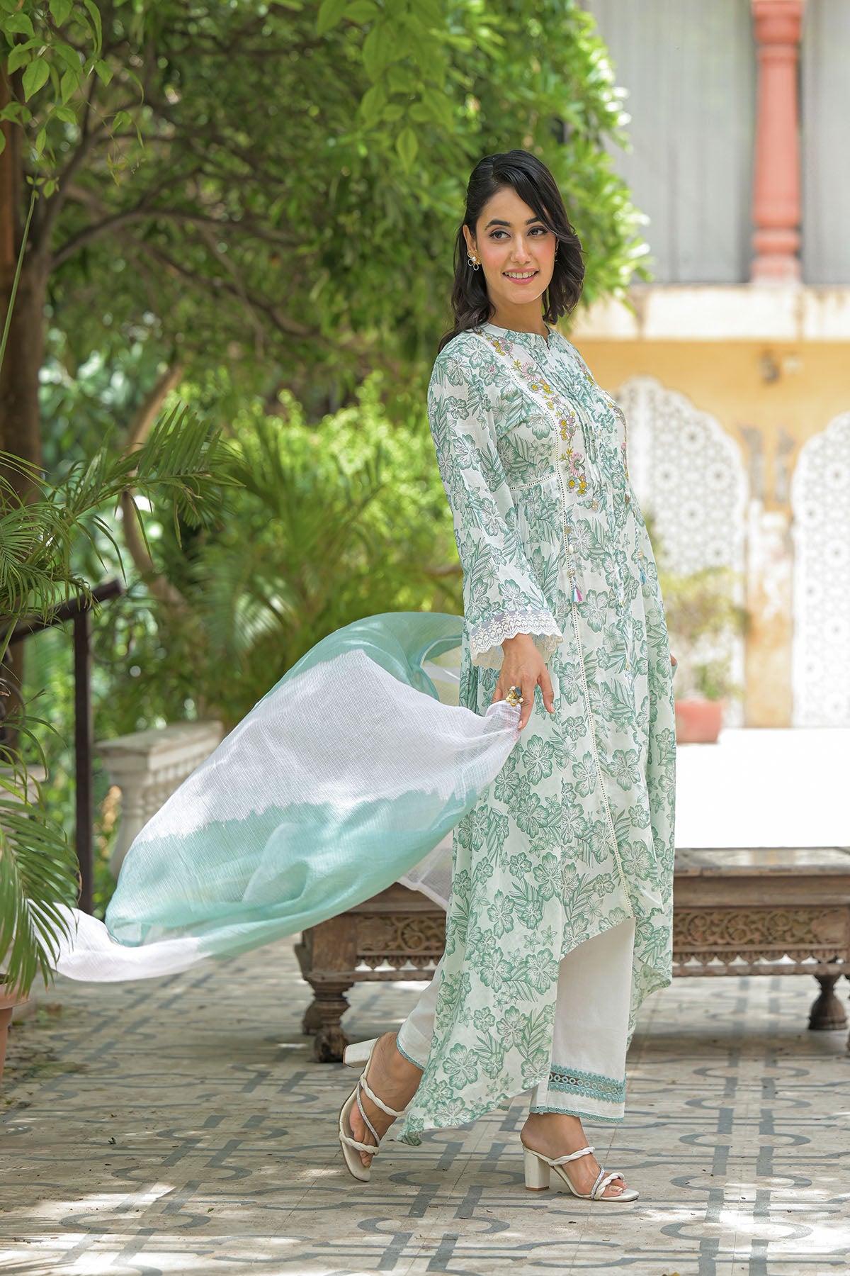 Green Floral Cotton Embroidered A-Line Suit
