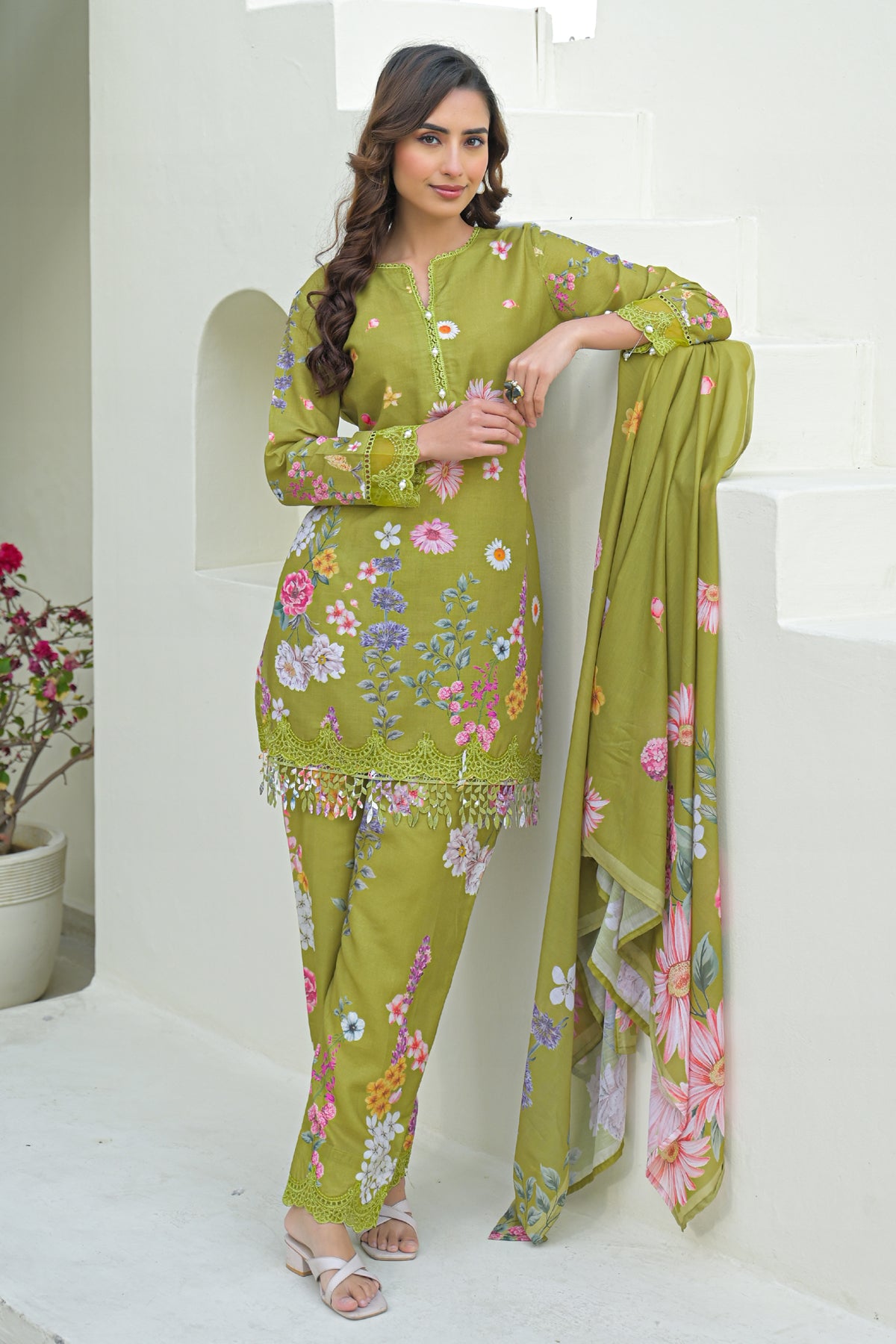 Green Cotton Embroidered Suit Set