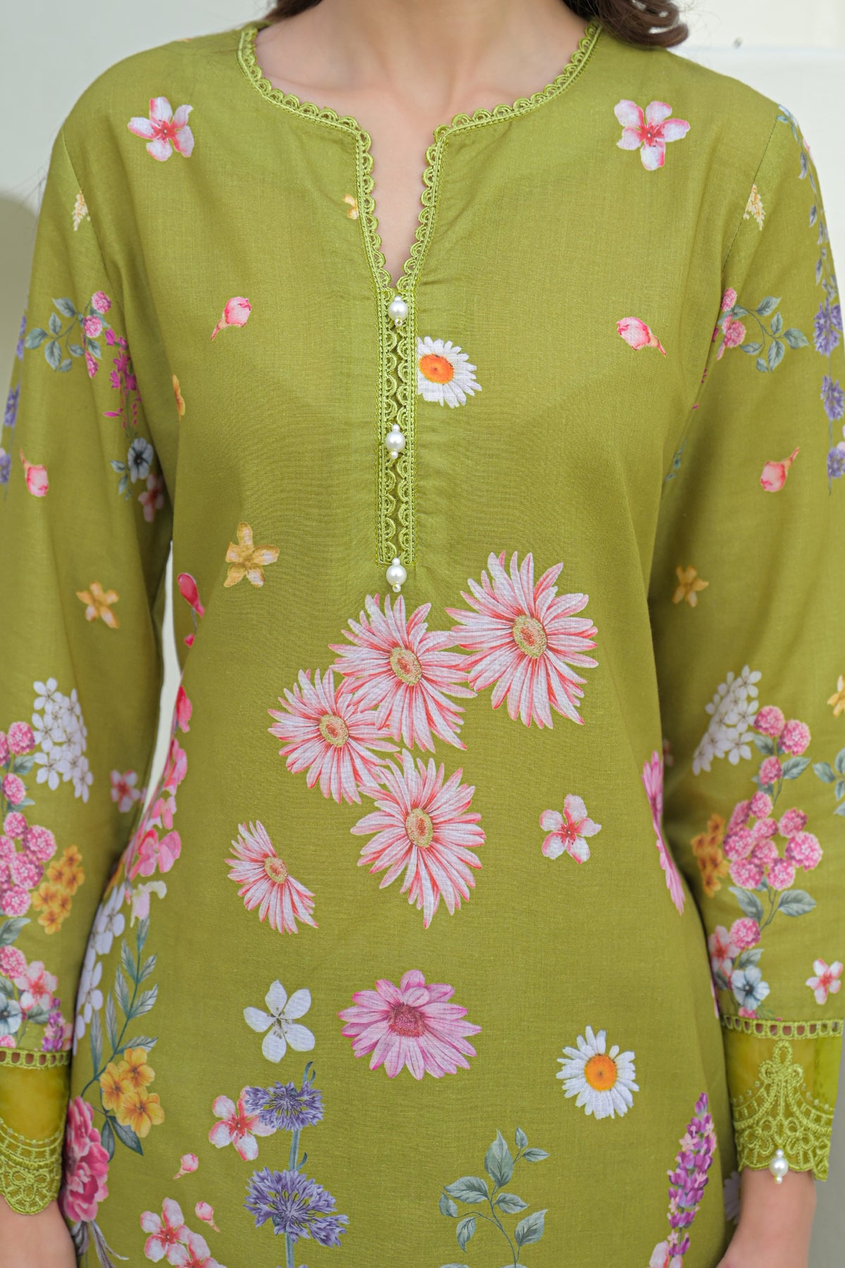Green Cotton Embroidered Suit Set
