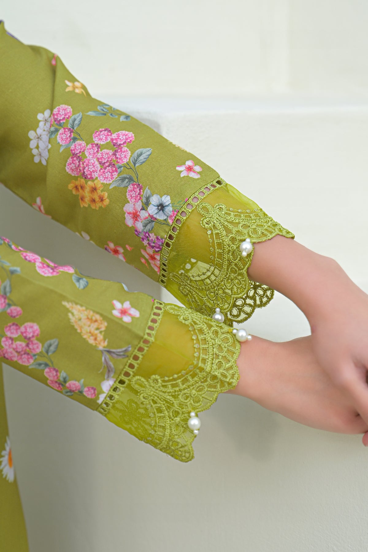 Green Cotton Embroidered Suit Set