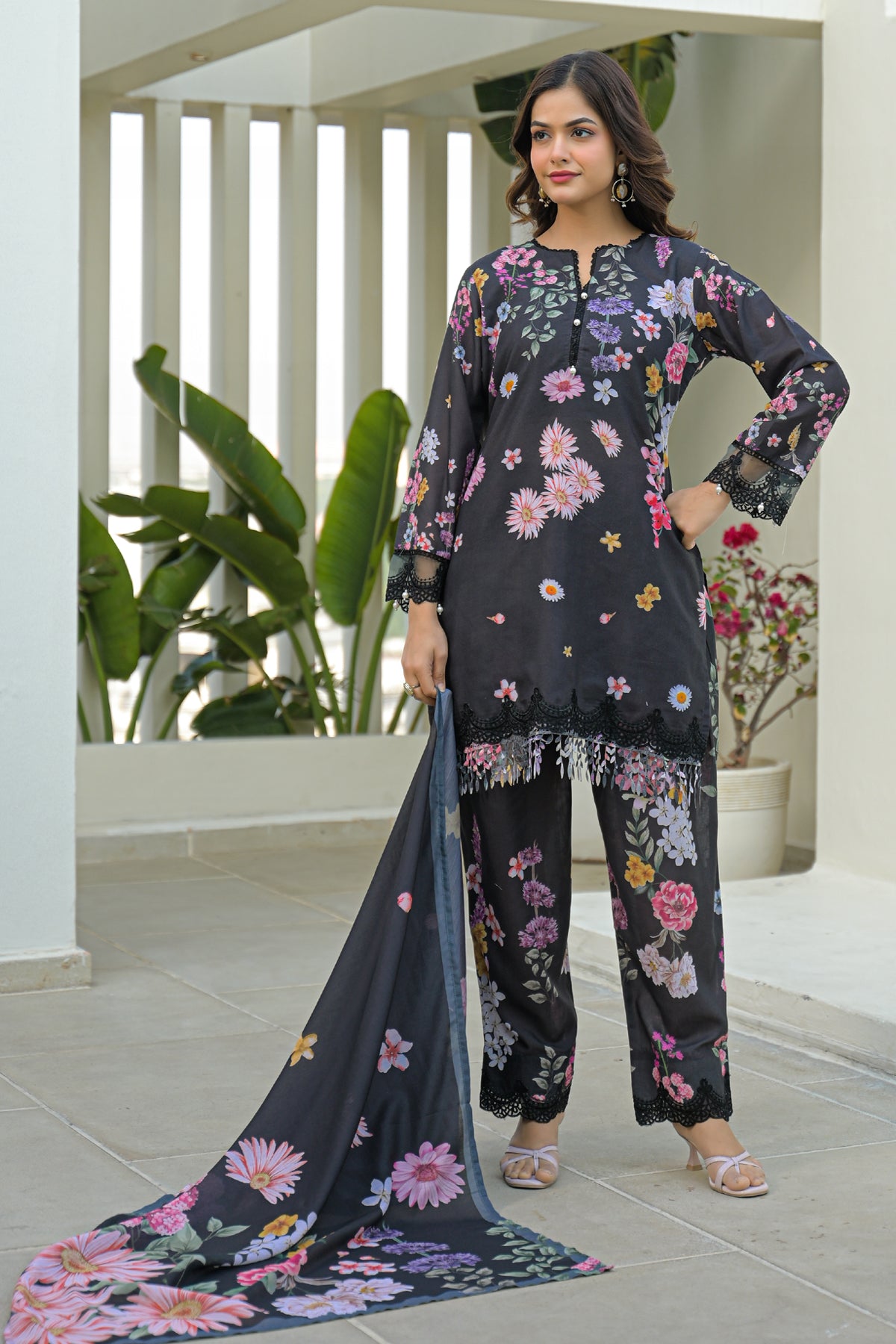 Black Cotton Embroidered Suit Set With Dupatta