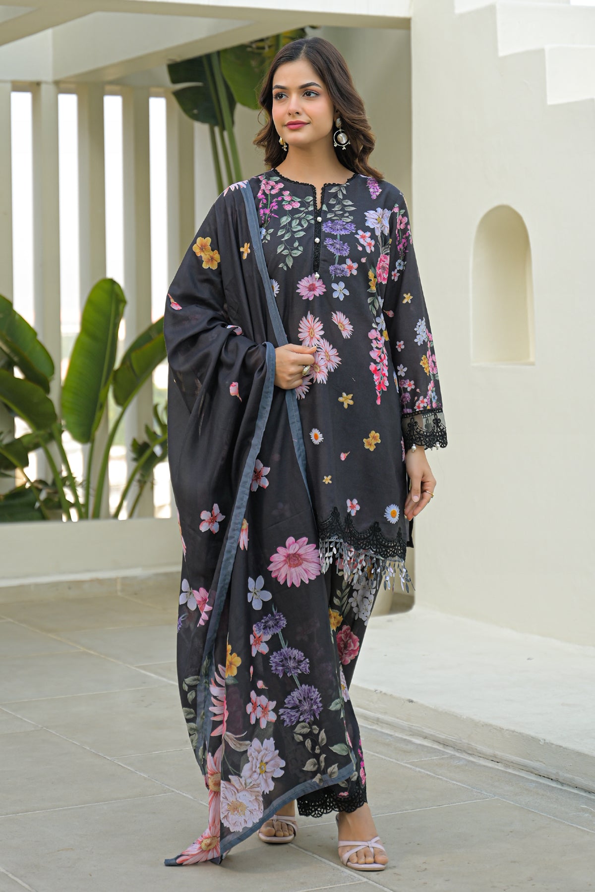 Black Cotton Embroidered Suit Set With Dupatta